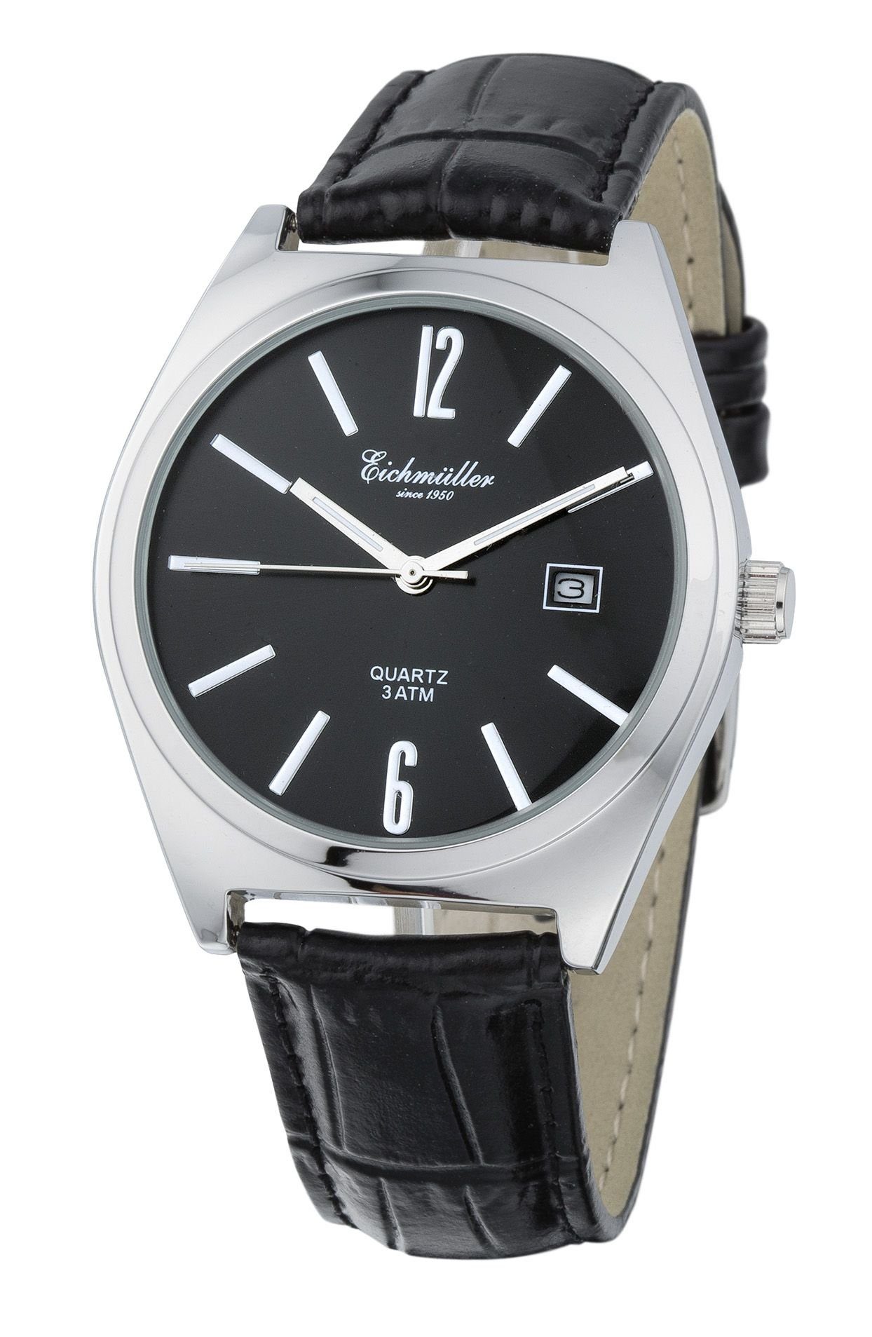 Quarzuhr Herrenuhr Schwarz Lederband 40 mm 7046-04