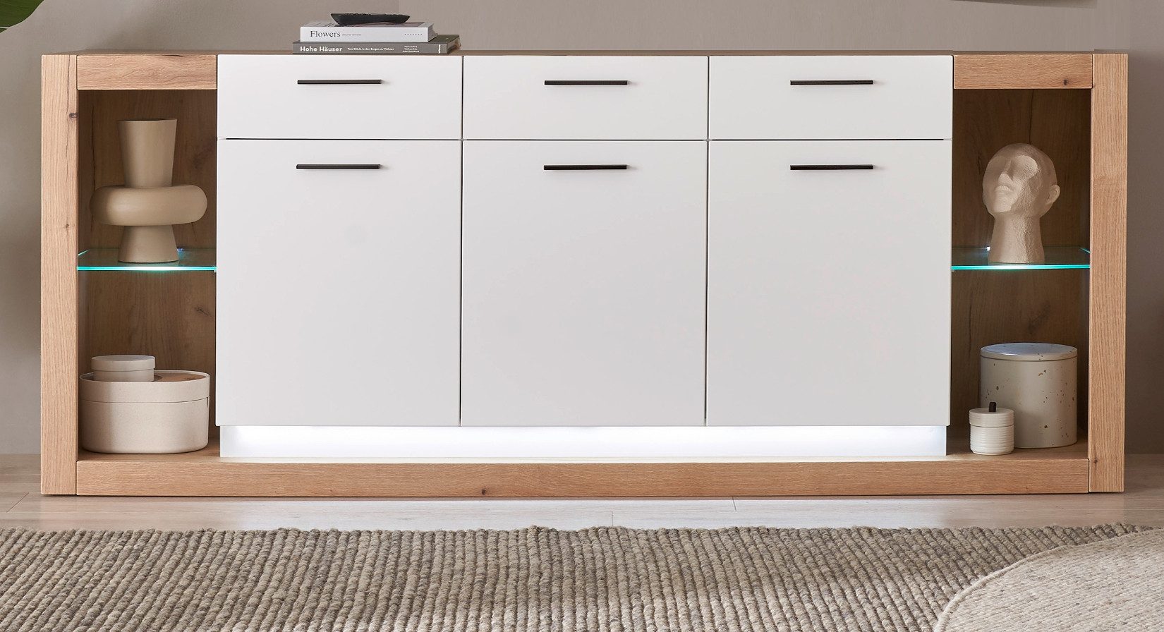 Furn.Design Sideboard Rivian (große Anrichte in Eiche Dekor und weiß matt, 198 x 83 cm), 3 Schubladen, 10 Fächer