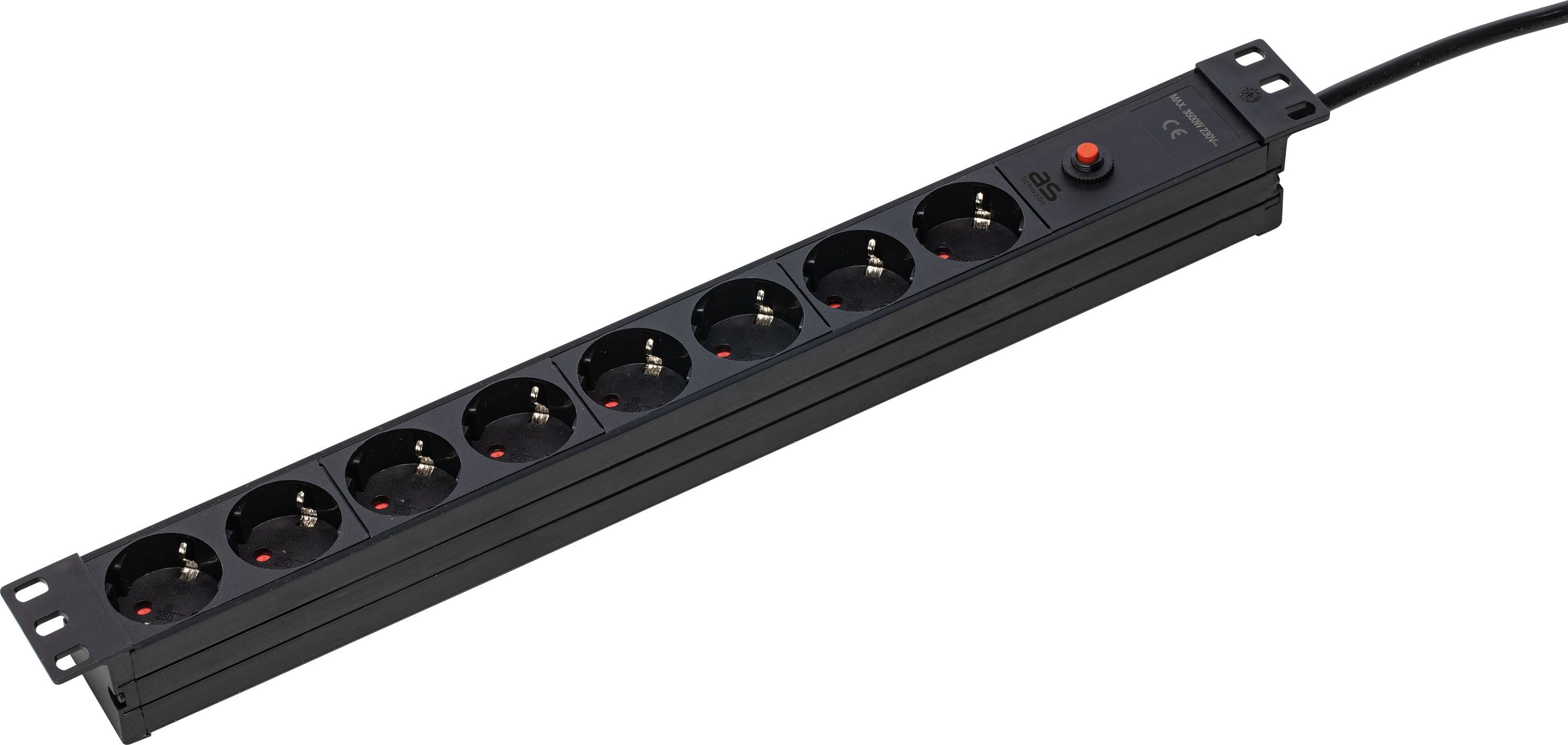 as - Schwabe Steckdosenleiste 19 Zoll 8-fach C14 Stecker IP20 Steckdosenleiste 8-fach (Überlastschutz, Kaltgerätestecker, Kabellänge 3 m), Überlastschutz