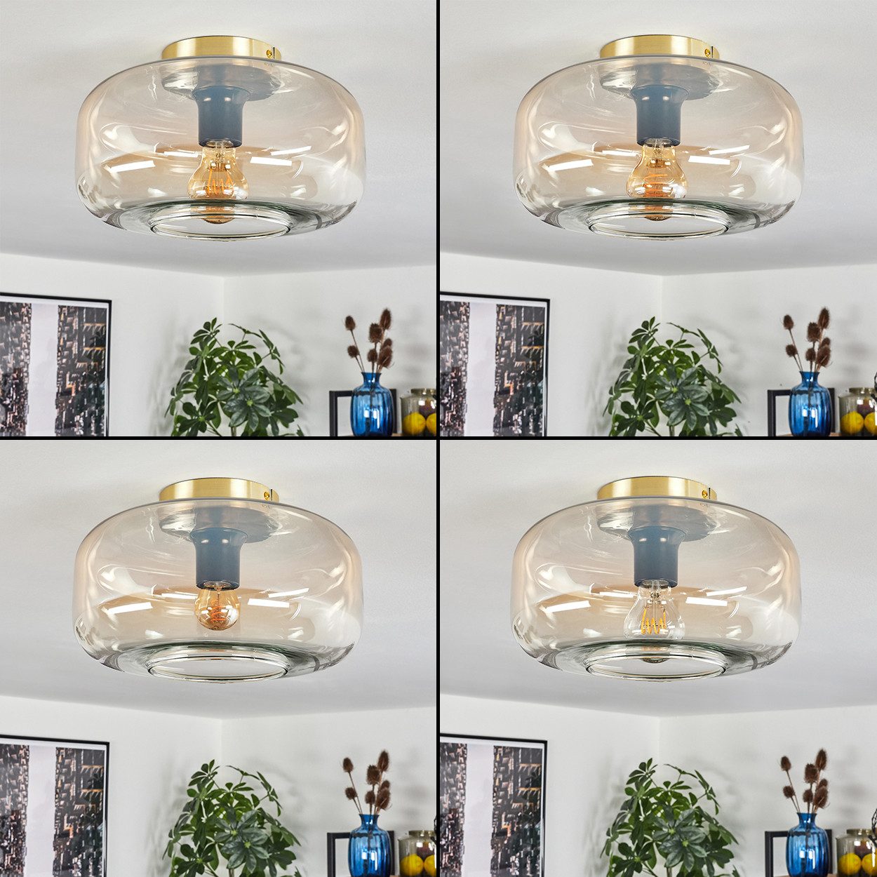 hofstein Deckenleuchte Deckenlampe aus Metall/Glas in Messingfarben/Bernsteinfarben/Klar, ohne Leuchtmittel, Retro-Design, mit Schirm aus Glas (28 cm), 1x E27, ohne Leuchtmittel