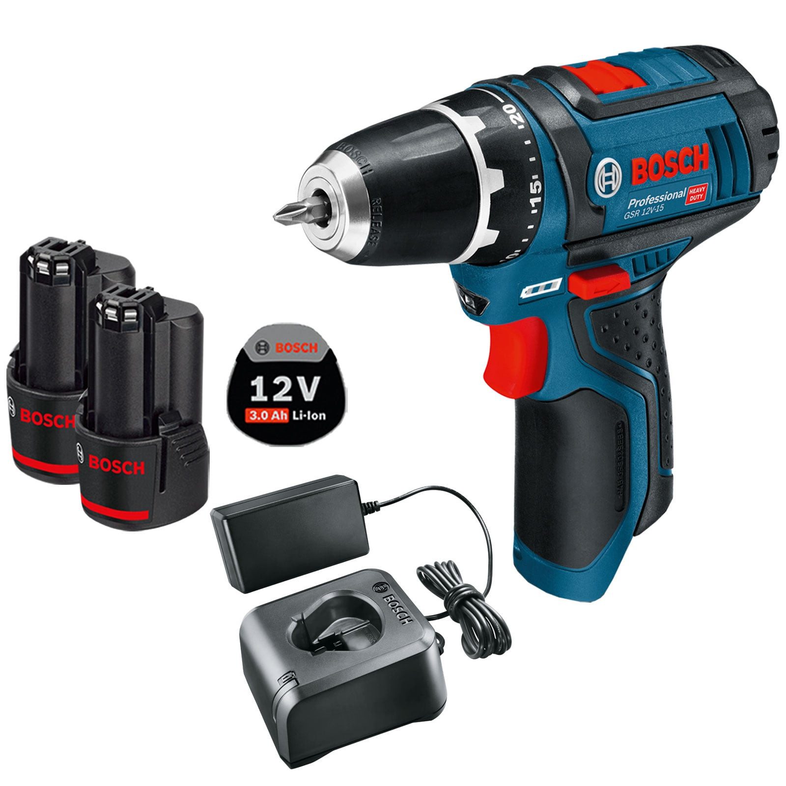 BOSCH Akku-Bohrschrauber Bosch Akku-Bohrschrauber GSR 12V-15 / 2x 3,0 Ah Akku + Ladegerät