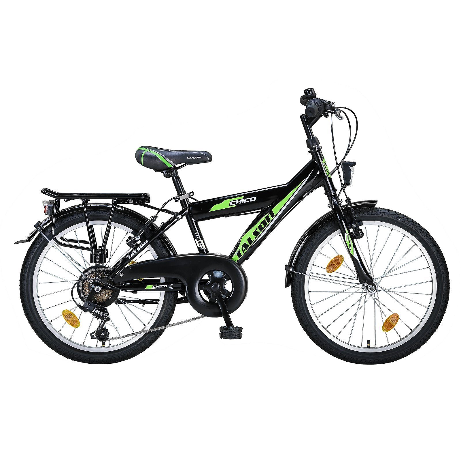 Talson Kinderfahrrad 20 Zoll Cityrad, 6 Gang Shimano, Kettenschaltung, mit Beleuchtung nach StVZO und Gepäckträger Schwarz