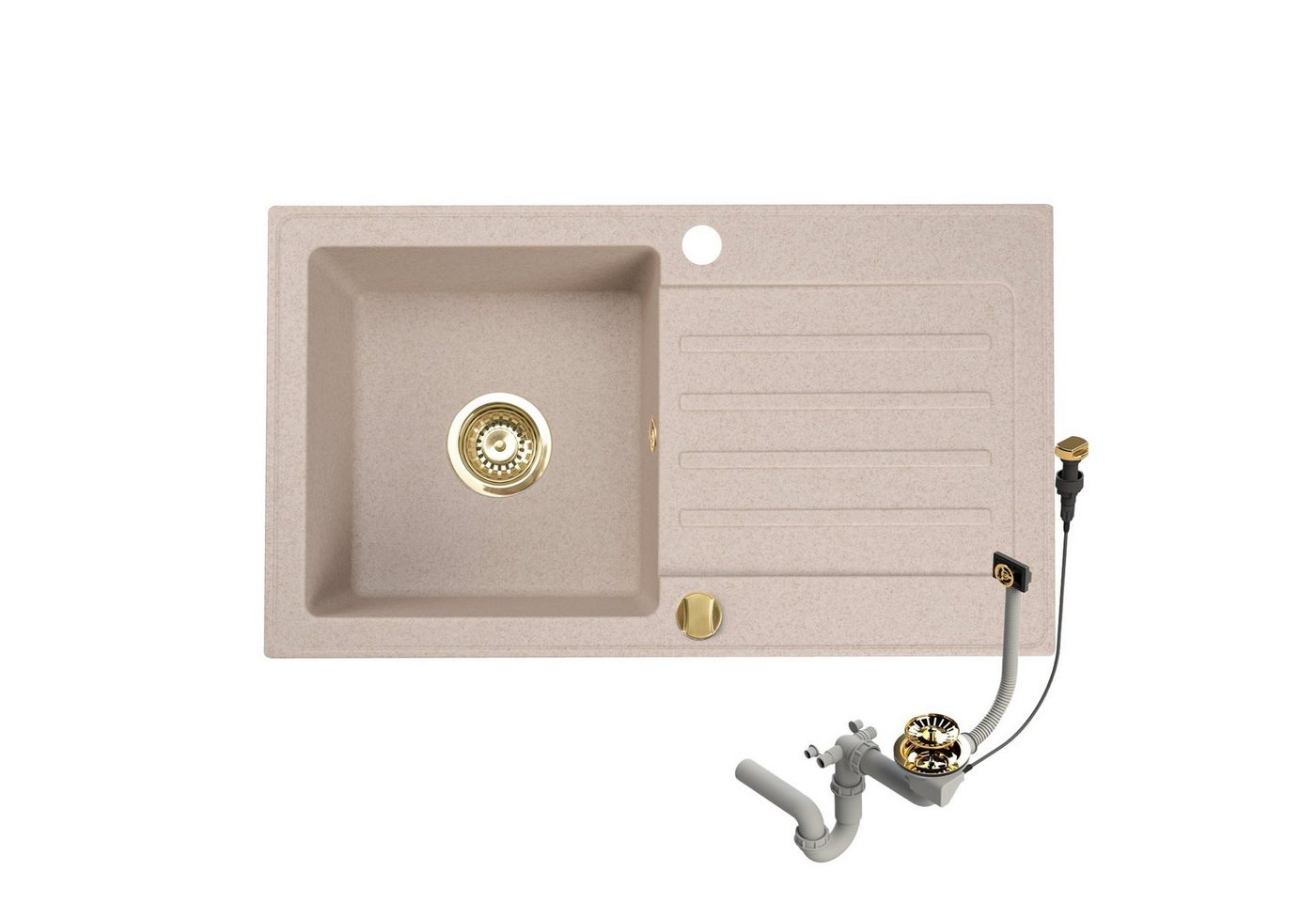 Thumbnail - Faizee Möbel Granitspüle Granitspüle Küchenspüle mit Siphon und Armatur Gold 76x44 Beige, Rechteck, 75/45 cm