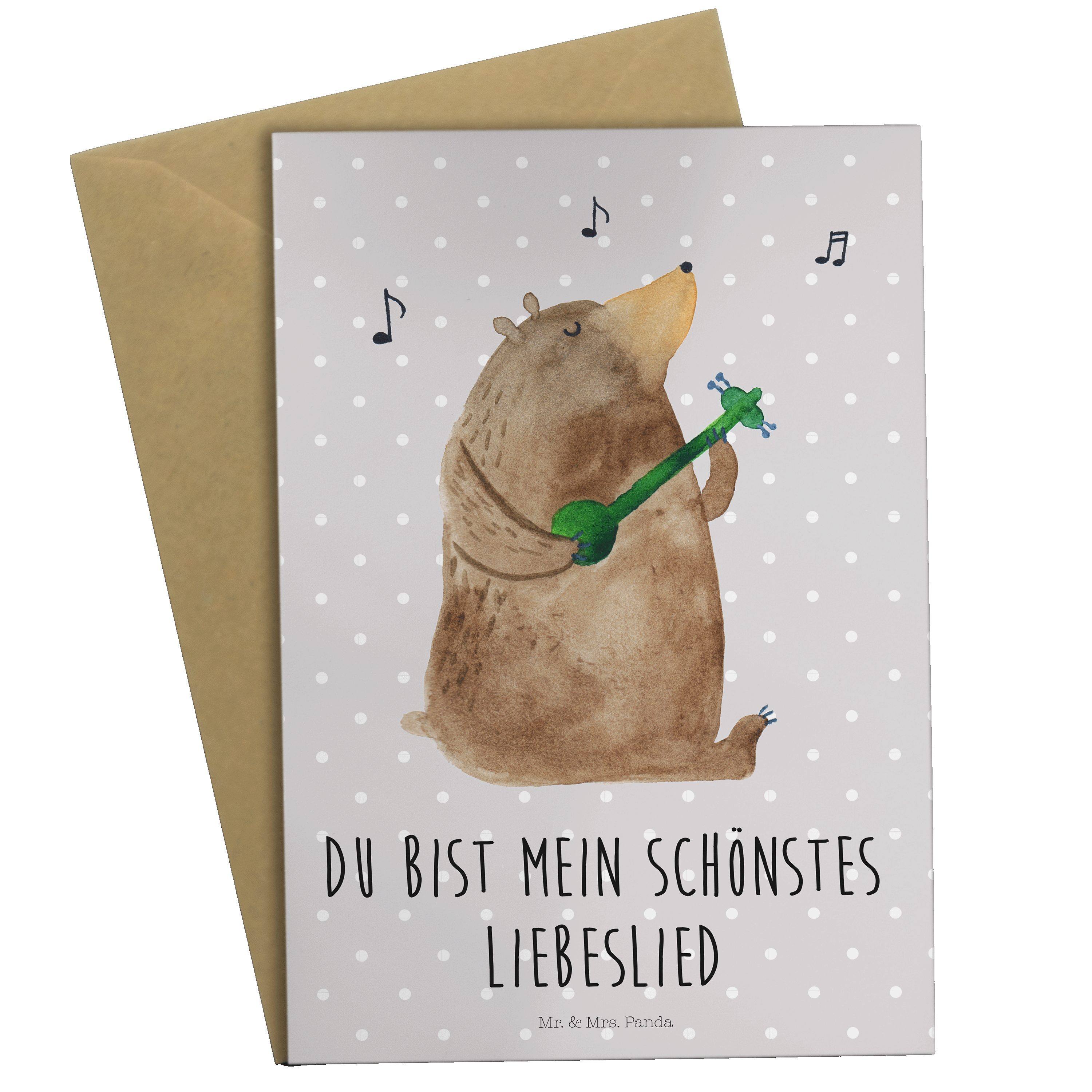 Mr. & Mrs. Panda Grußkarte Bär Lied - Grau Pastell - Geschenk, Klappkarte, Herz, Einladungskarte