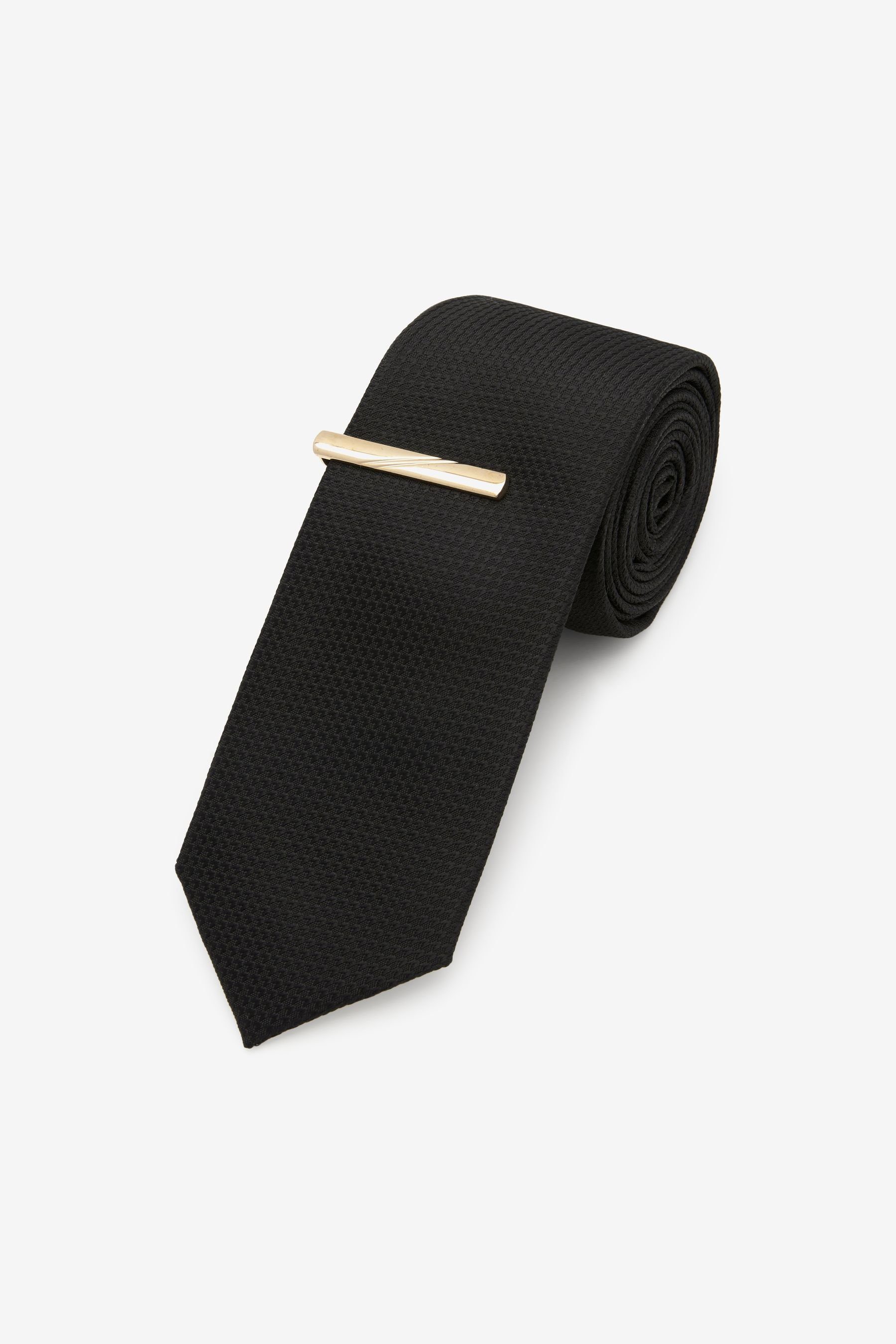 Next Krawatte Schmale Krawatte aus Recyclingpolyester + Klammer (2-St) Black/Gold