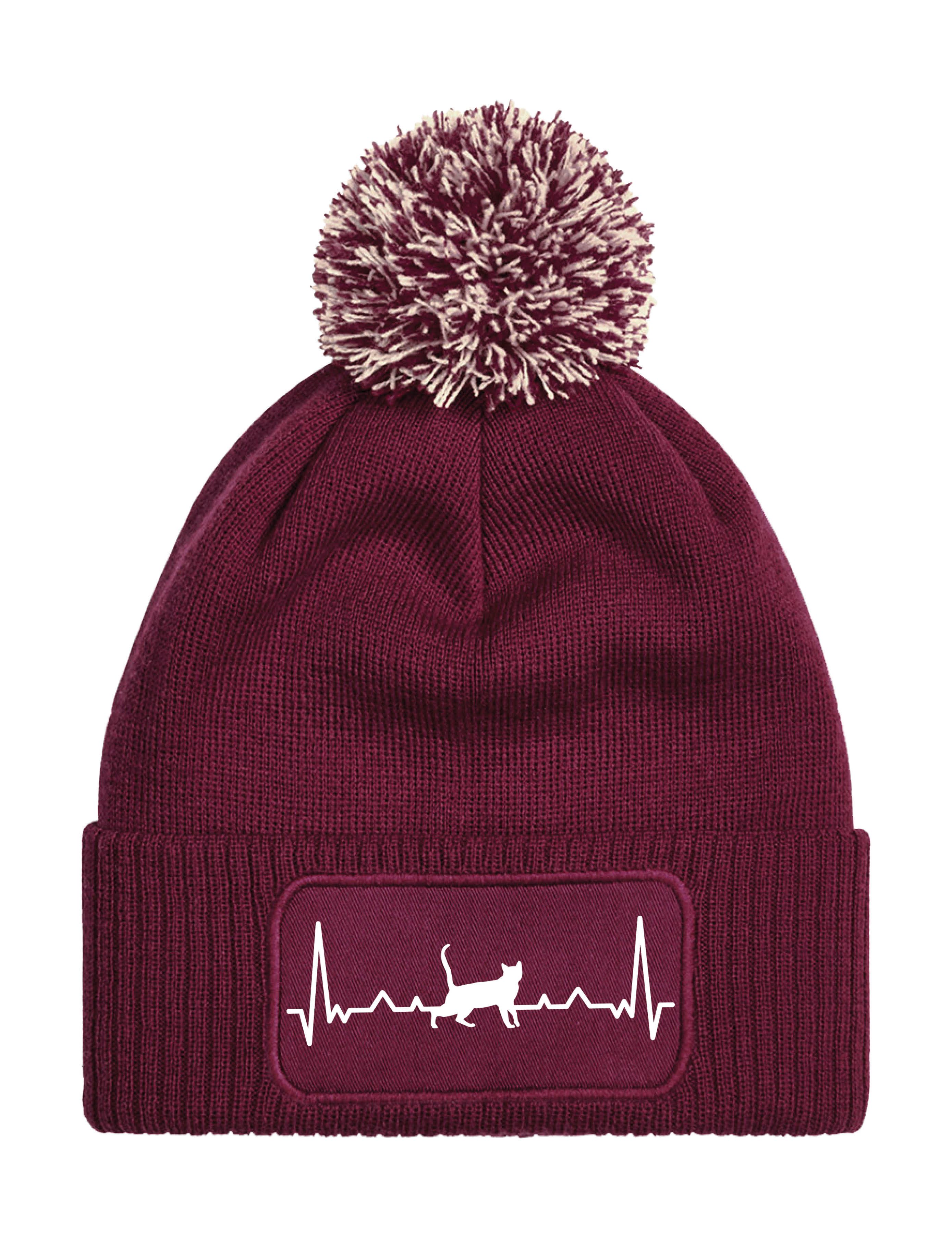 Beanie Unisex Strick Bommel Beanie Mütze mit Heartbeat Katze Aufdruck