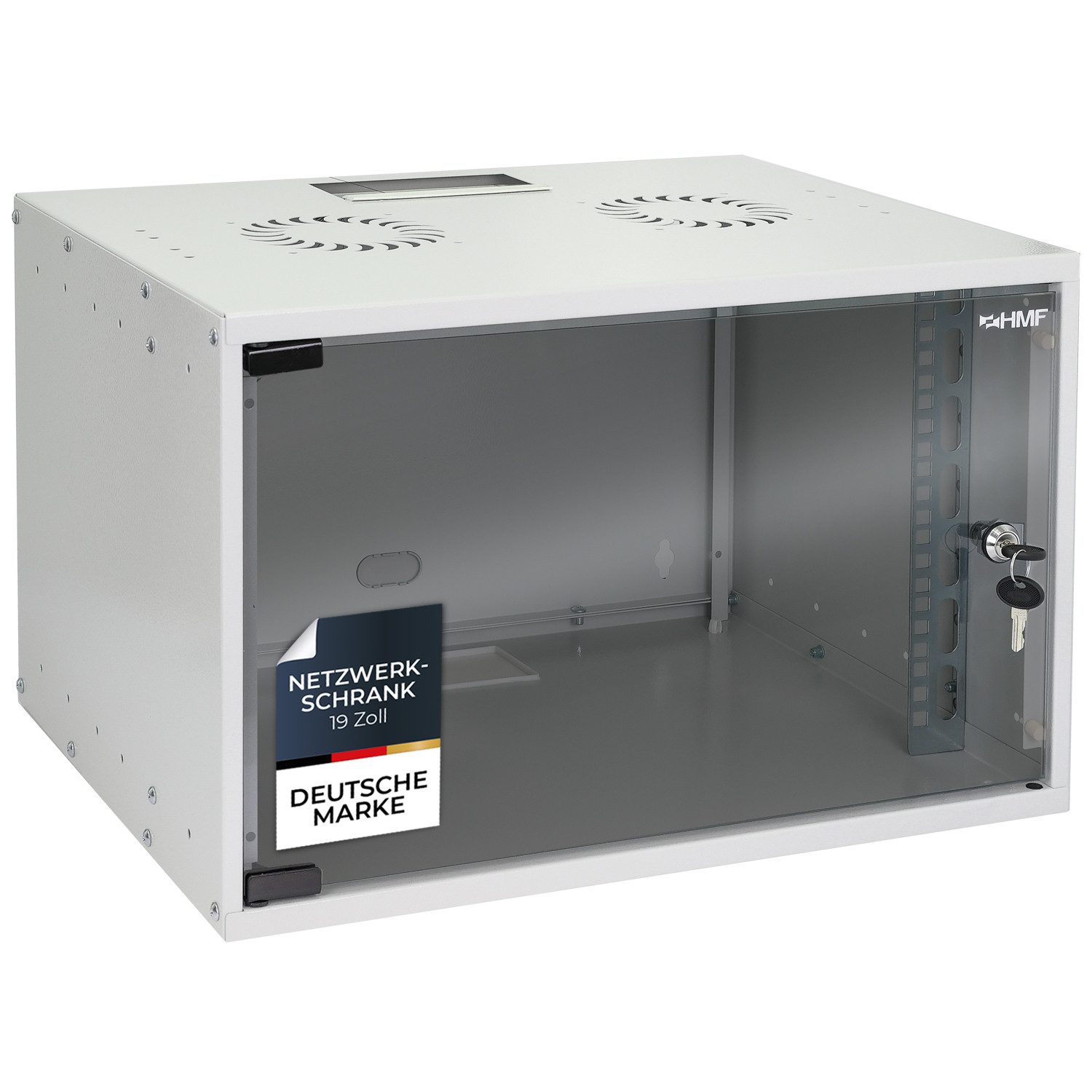 HMF Serverschrank Netzwerkschrank, Serverschrank 19 Zoll, 7 HE, 275 mm Einbautiefe, Glastür, Lichtgrau