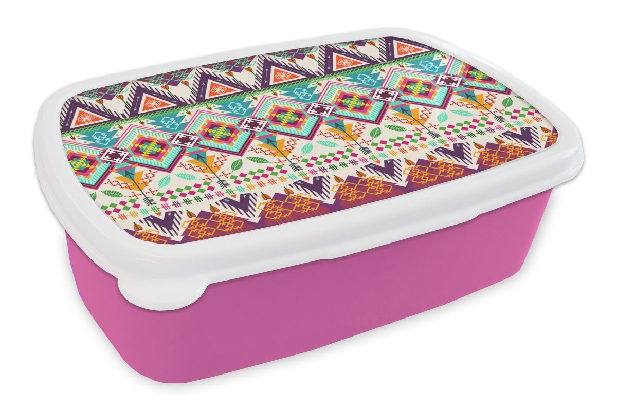Mädchen, MuchoWow - Brotbox Kinder, Snackbox, Lunchbox für rosa - Azteken Südamerika Kunststoff Muster, Brotdose (2-tlg), Kunststoff, Erwachsene,