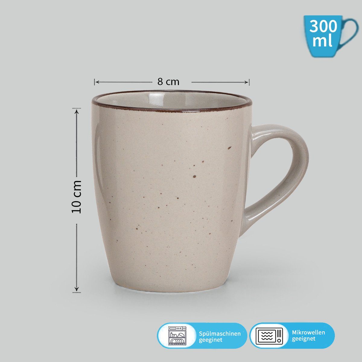 matches21 HOME & HOBBY Tasse Kaffeetassen 6er Set einfarbig modern Vintage Steingut-Stil, 6-tlg., Keramik, Tee Kaffee-Becher, alt-rosa beige cremefarben grau, 300 ml