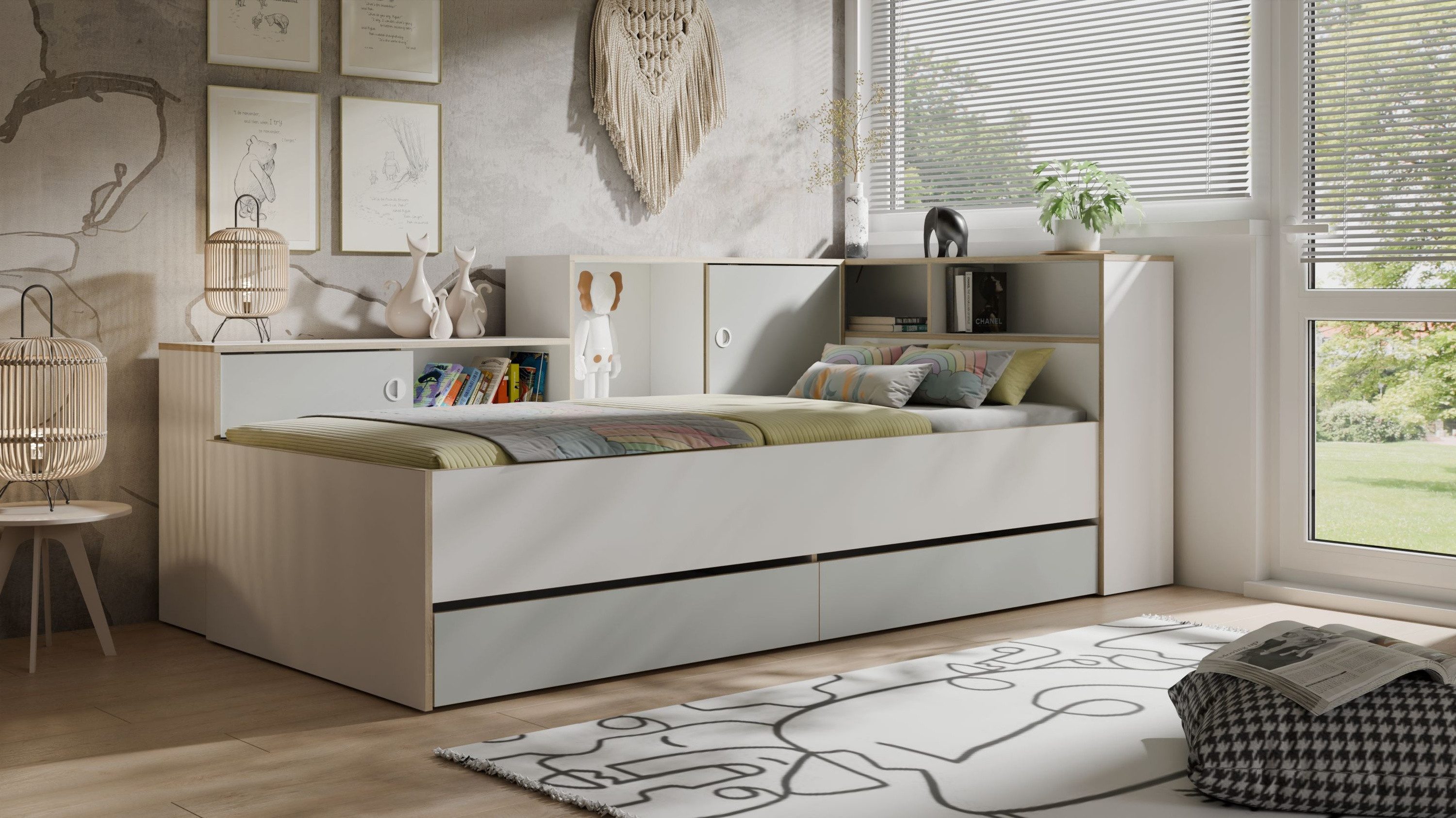 Raumhirsch Furniture Kinderbett Funktionsbett, Stauraumbett, Jugendbett, Einzelbett (Liegefläche 90x200 cm, 2 Schubladen, Stauraumlösung), integrierte Regale im Kopfbereich, seitliche Stauraumelemente