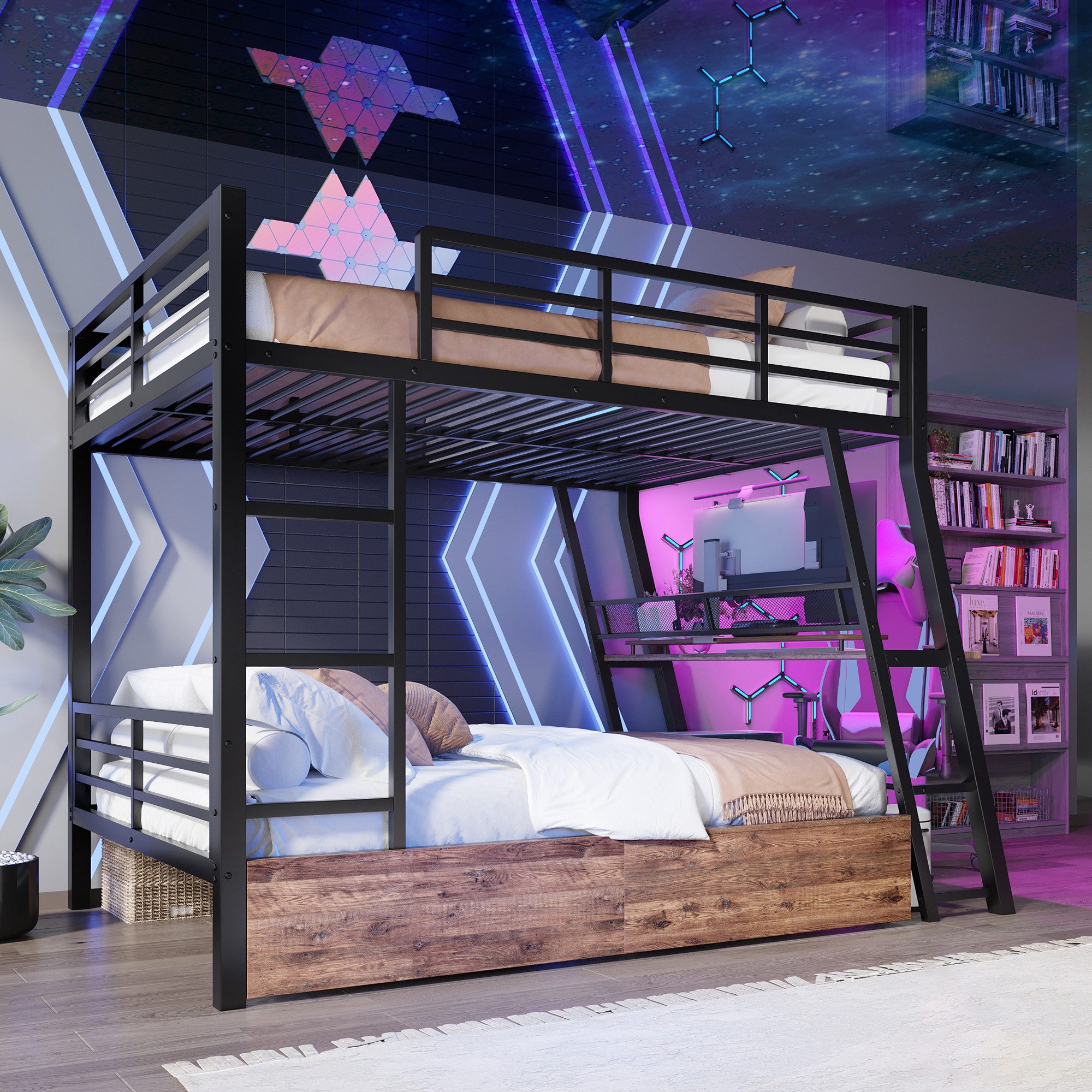 Merax Etagenbett mit LED-Beleuchtung (1-St), Metallbett Hochbett 140x200cm mit Schreibtisch Schubladen und Geländer – Bild 2 von 5