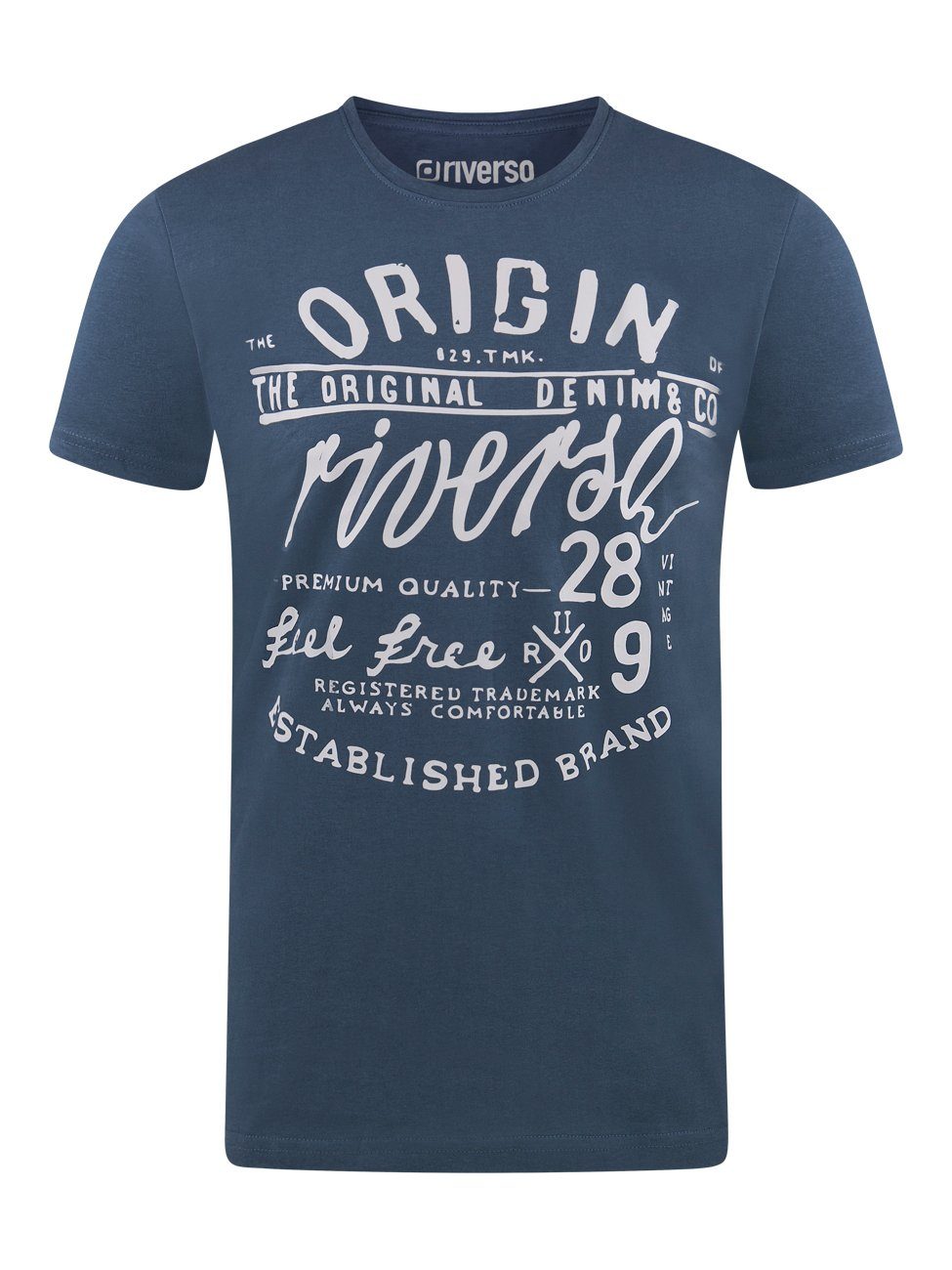 Tee Regular Printshirt (DJD) Blau (1-tlg) Rundhalsausschnitt Kurzarm Baumwolle T-Shirt riverso Shirt Fit aus RIVLeon mit Herren 100%