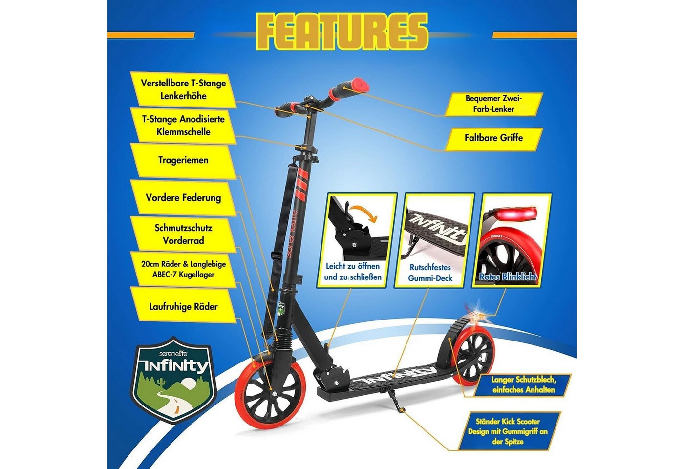 Thumbnail - Pyle Cityroller Cityroller für Kinder & Erwachsene – Klappbarer Tretroller, Höhenverstellbar 84–98 cm, große Räder 20,3 ...