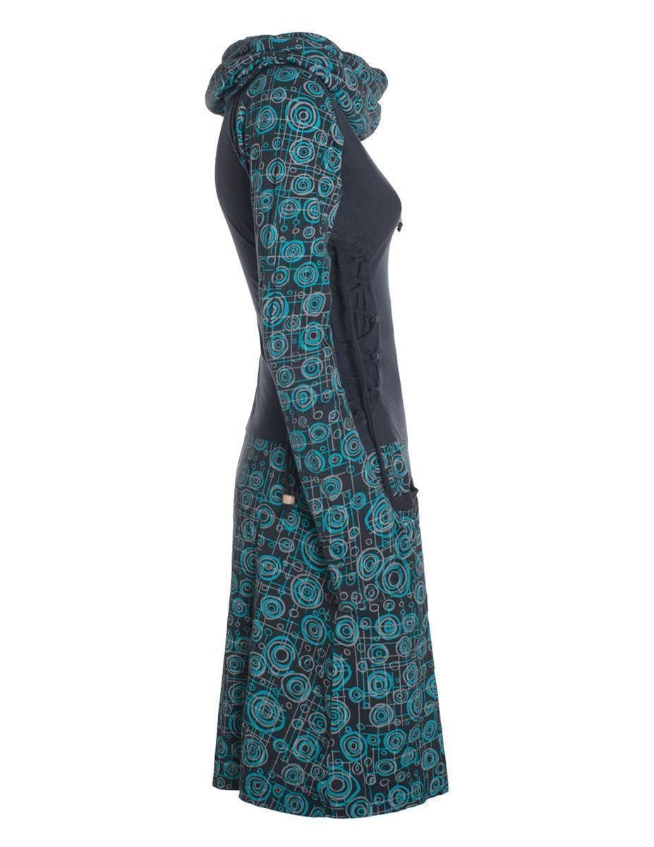 Vishes Jerseykleid Langarm schwarz Boho, Strickkleid Schnürung mit Elfen, Goa Sweatshirtkleid Hippie, Style