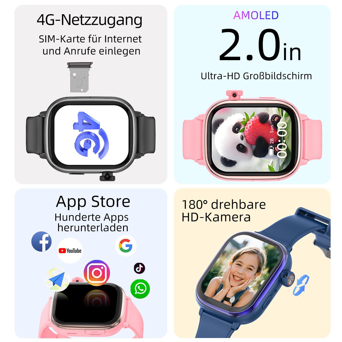 Vashoy 2026 T86Smartwatch Kinder mit GPS Ortung & SIM-Karte Smartwatch (5 cm/2 Zoll, Android/4G (LTE) Mit App-Download-Funktion, 5-tlg., AMOLED-Display, Schwenkbare HD-Kamera, Schulmodus, schmaler Rand, GPS Tracker Kinder,SOS, Auflösung 368 × 448,Ein Geschenk für das Kind