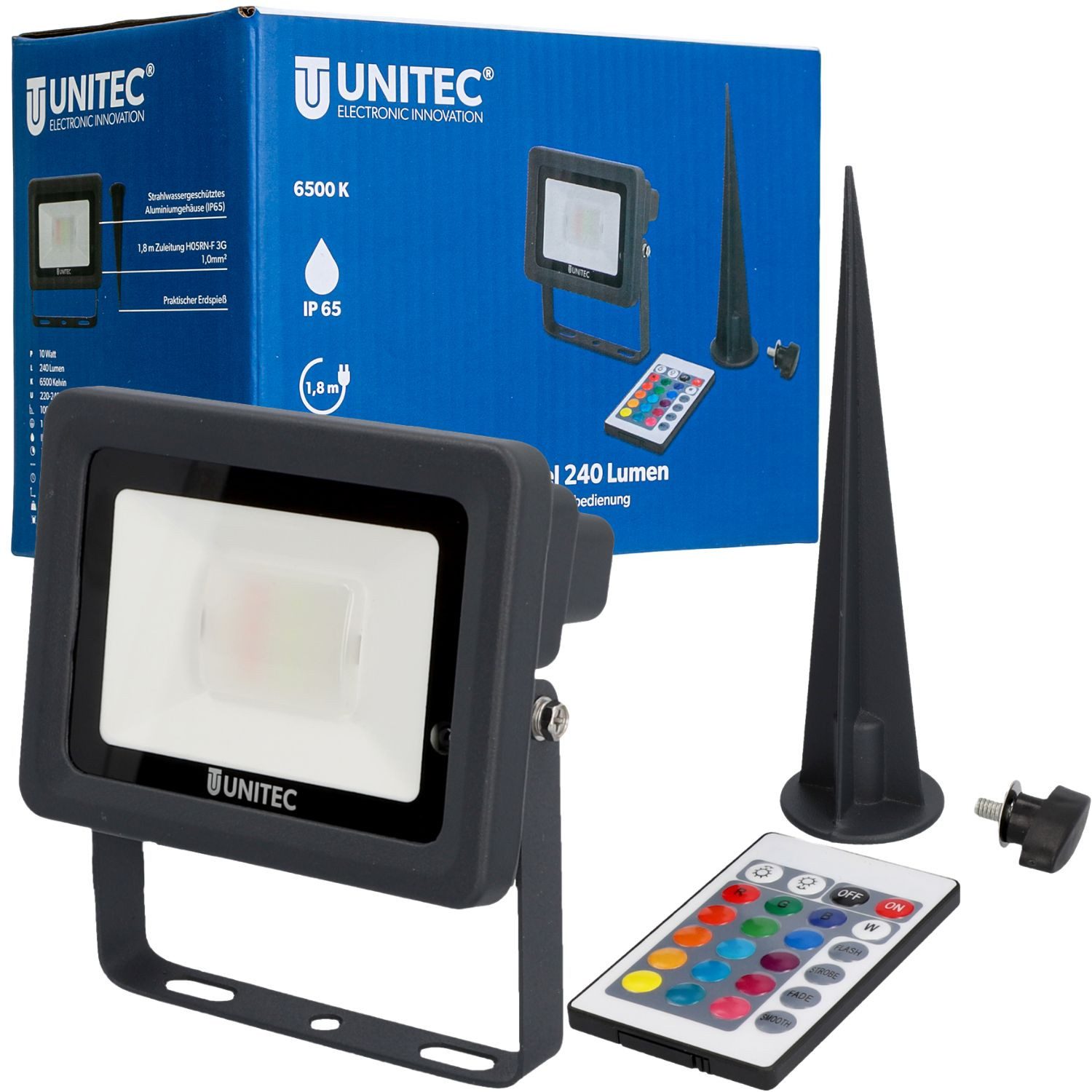 UNITEC LED Gartenstrahler LED Strahler mit Erdspieß farbig Gartenlampe, LED fest eingebaut, Farbwechsler, Außenleuchte Outdoor IP65 Fernbedienung Gartenstrahler bunt Spot Außen