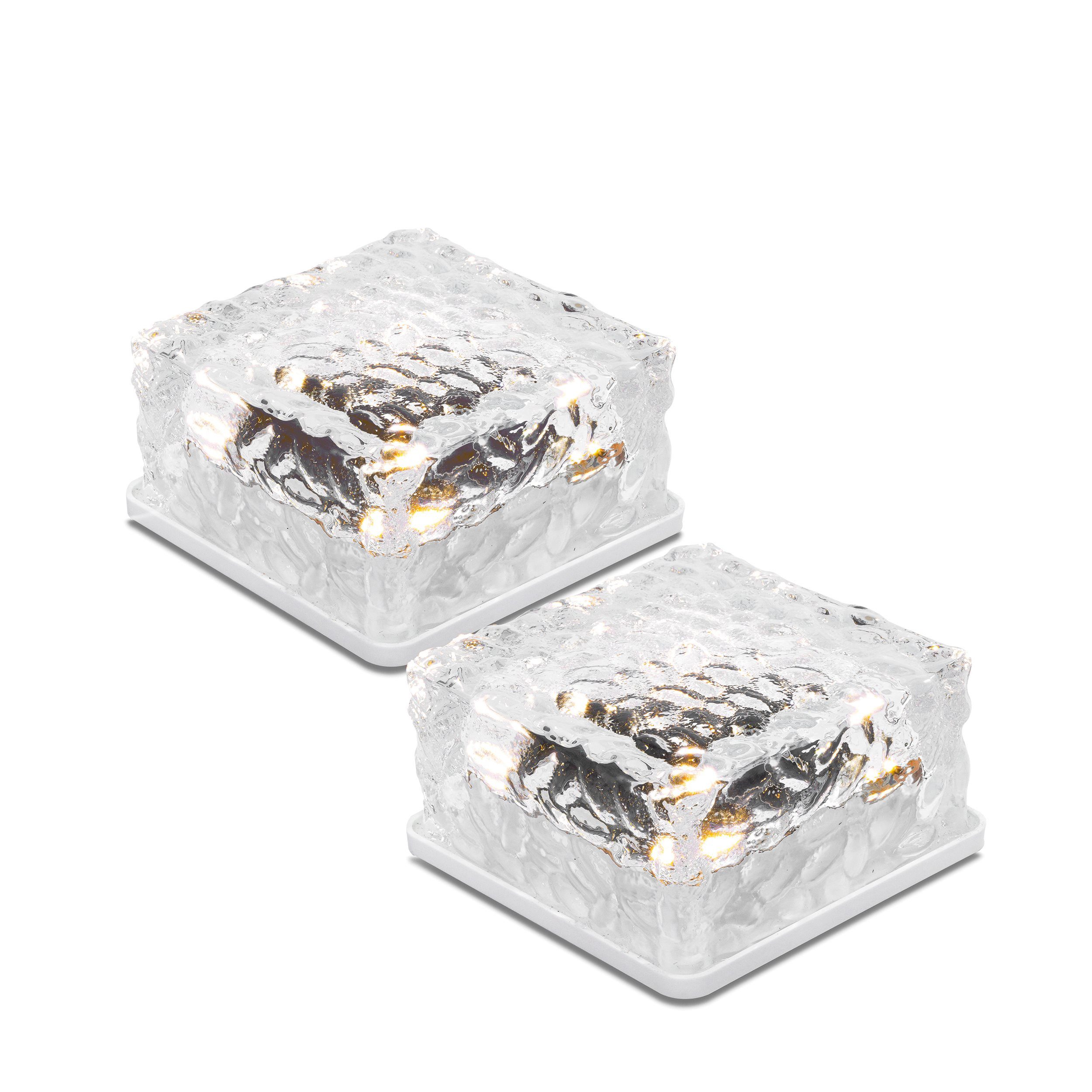 esotec LED Solarleuchte 2x Echtglas Leuchtsteine je 10x10x5cm 8-LEDs 3000K 6500K außen 102560, Dauerlicht, LED fest integriert, 3000K warmweiß, 6500K kaltweiß, Echtglas, 8 LEDs, Leuchtzeit bis 40Std., Akku wechselbar, SOLAR