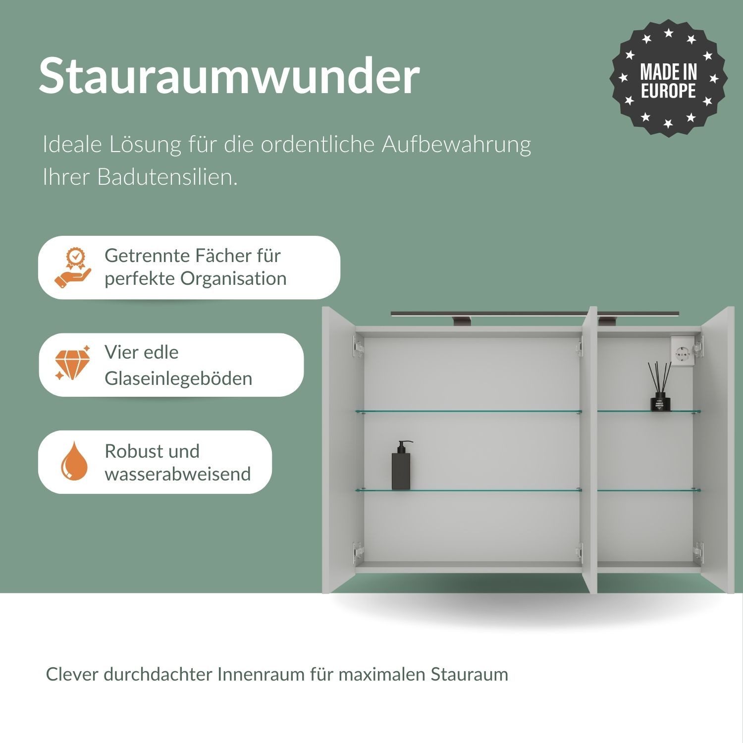 Planetmöbel Spiegelschrank ARIA Badschrank mit Spiegel hängend 120 cm (Spiegelschrank Bad 120 cm mit Beleuchtung und Steckdose, Badspiegelschrank 3-türig) Steckdose für Elektrogeräte