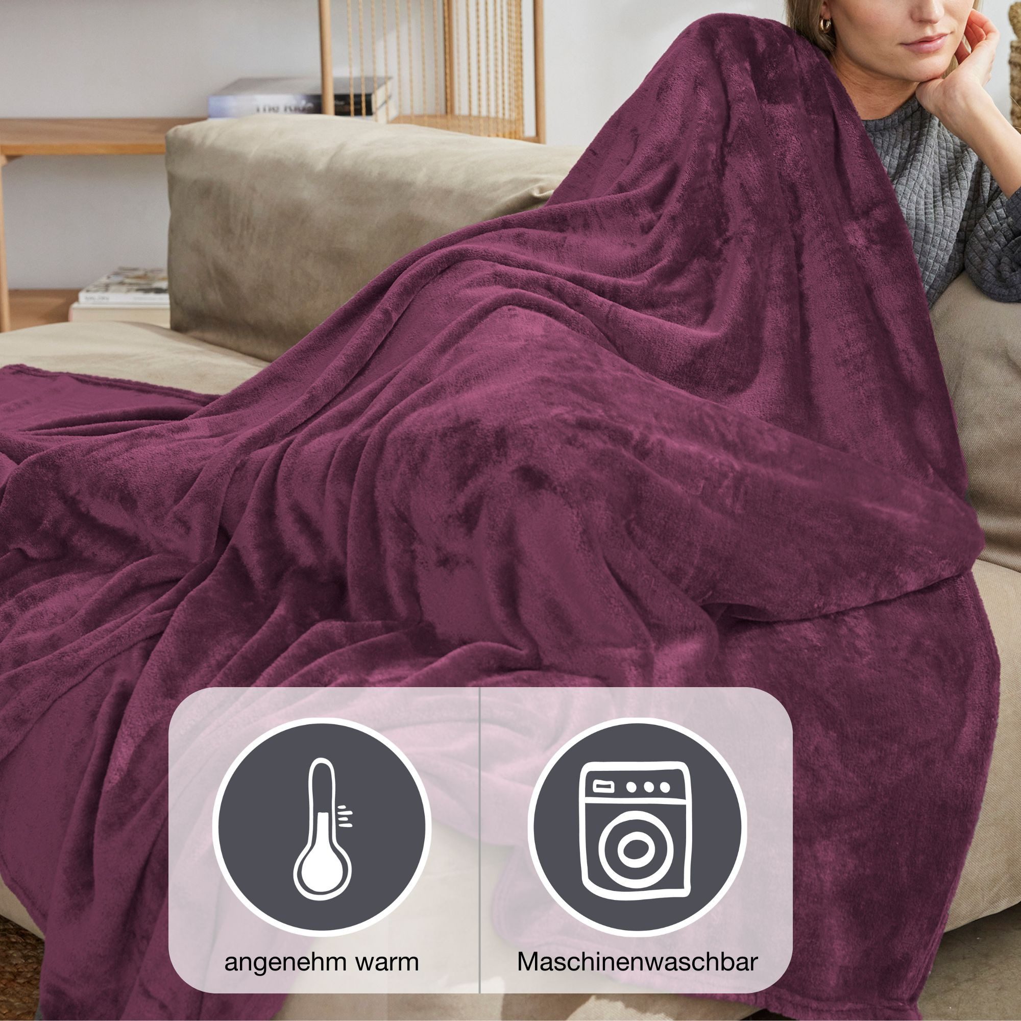 Wohndecke Uni Fleecedecke Olbia, einfarbige Kuscheldecke, IBENA, einfarbig schick, Kuscheldecke – Bild 3 von 4