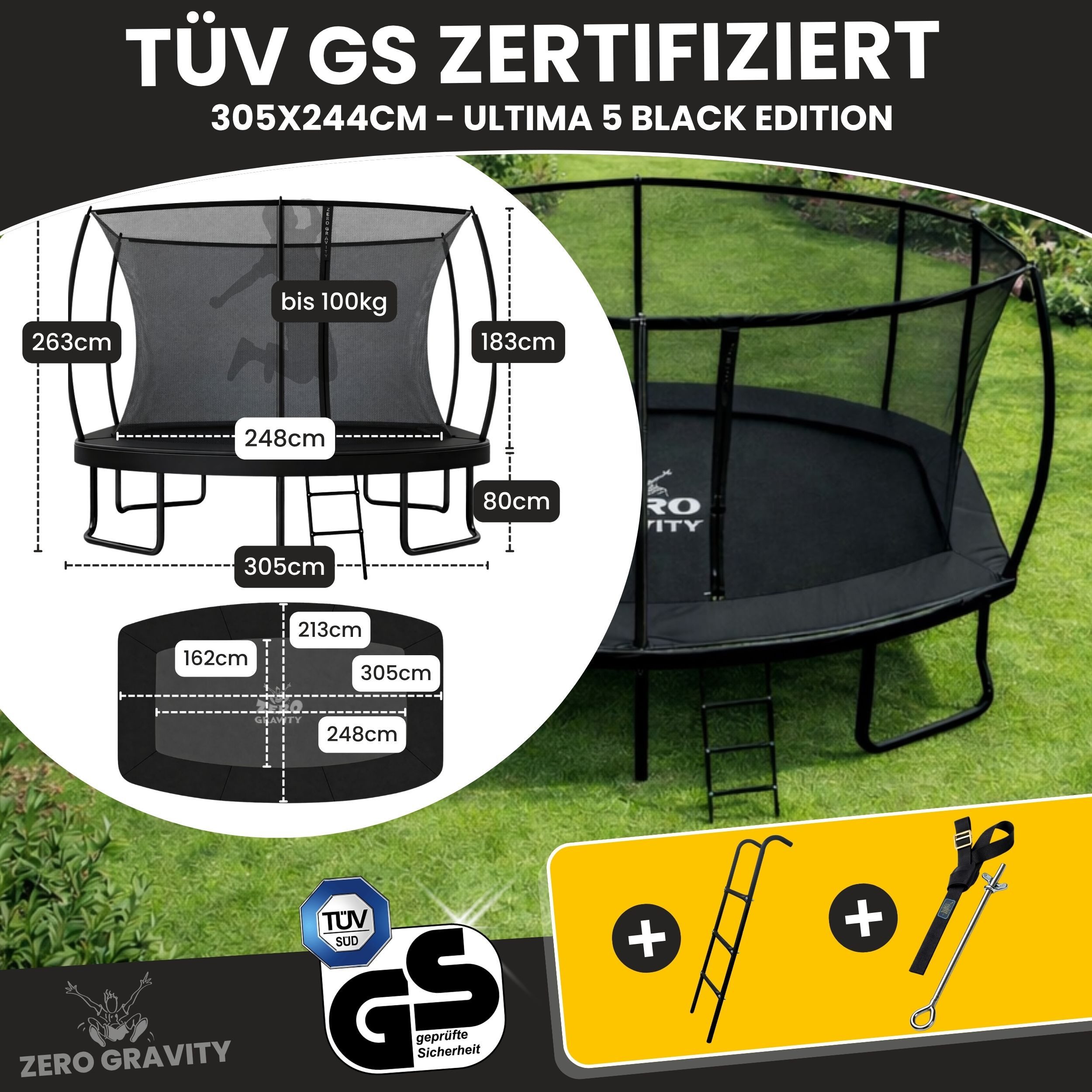 Zero Gravity Gartentrampolin 305x213/366x244/457x366 cm, Ovales Trampolin inkl. Leiter & Bodenanker, Ø 305 cm, Trampolin Outdoor Komplett-Set, TÜV GS, Smarter & schneller Netzabbau