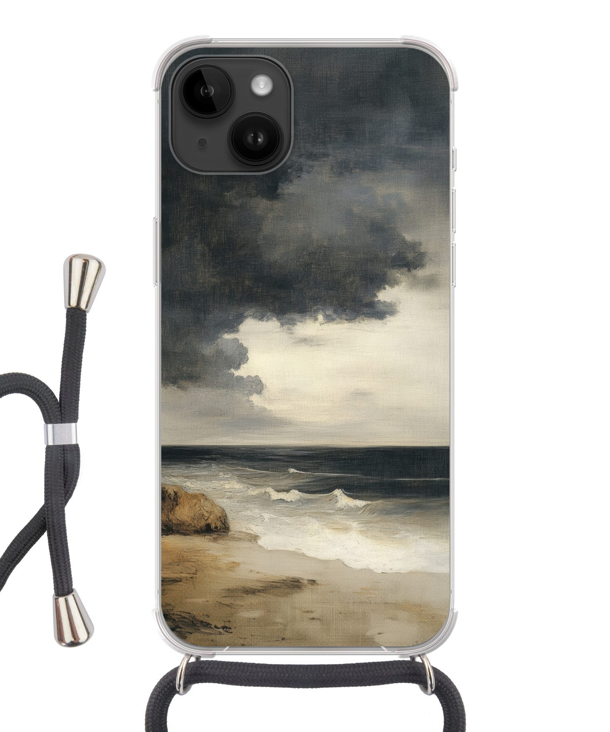 MuchoWow Handyhülle für Apple iPhone 14 Küste - Wellen - Felsen - Sturm, Tragbare Handyhüllen mit Kette zum umhängen, Handykette Handyband