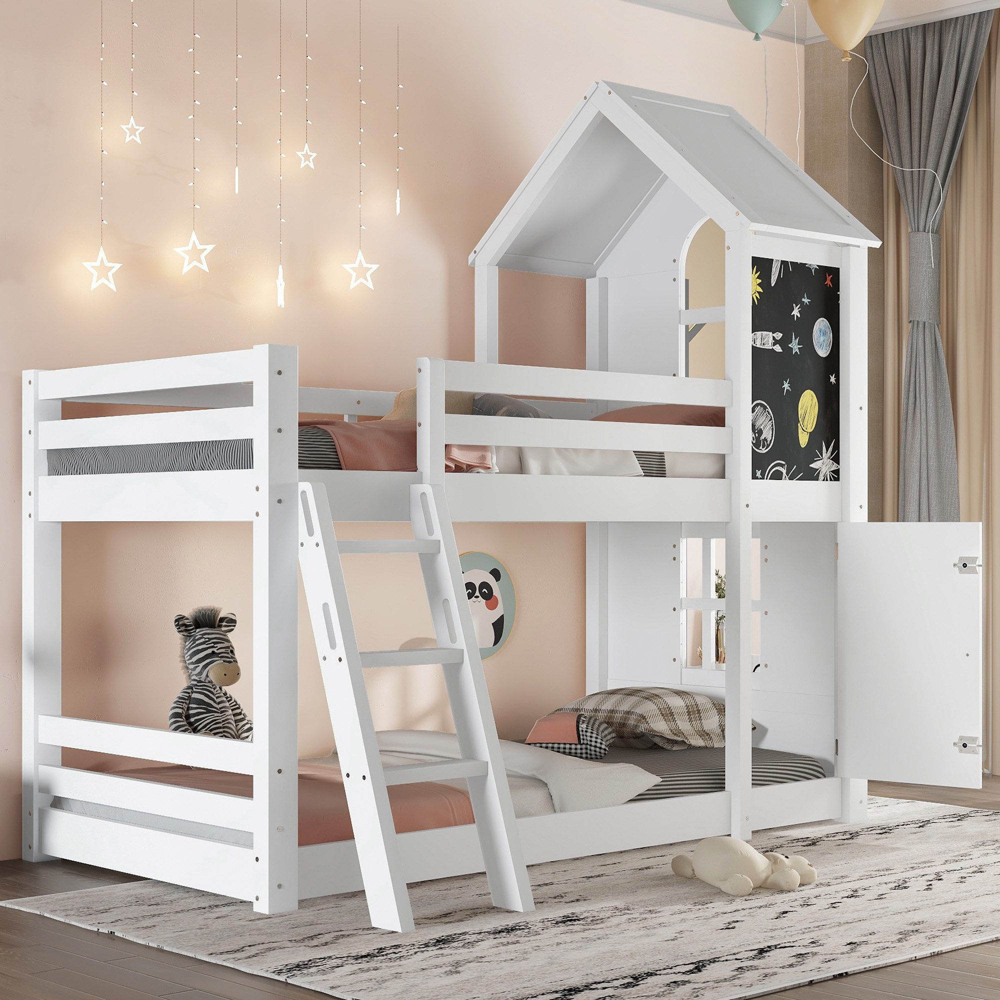 Merax Etagenbett mit kleiner Tür, Fenstern, Dach & Tafel (1-St., Jugendbett Doppelbett Stockbett Hochbett Hausbett), Kiefer Kinderbett 90x200cm mit dreistufiger Schrägleiter, Lattenrosten