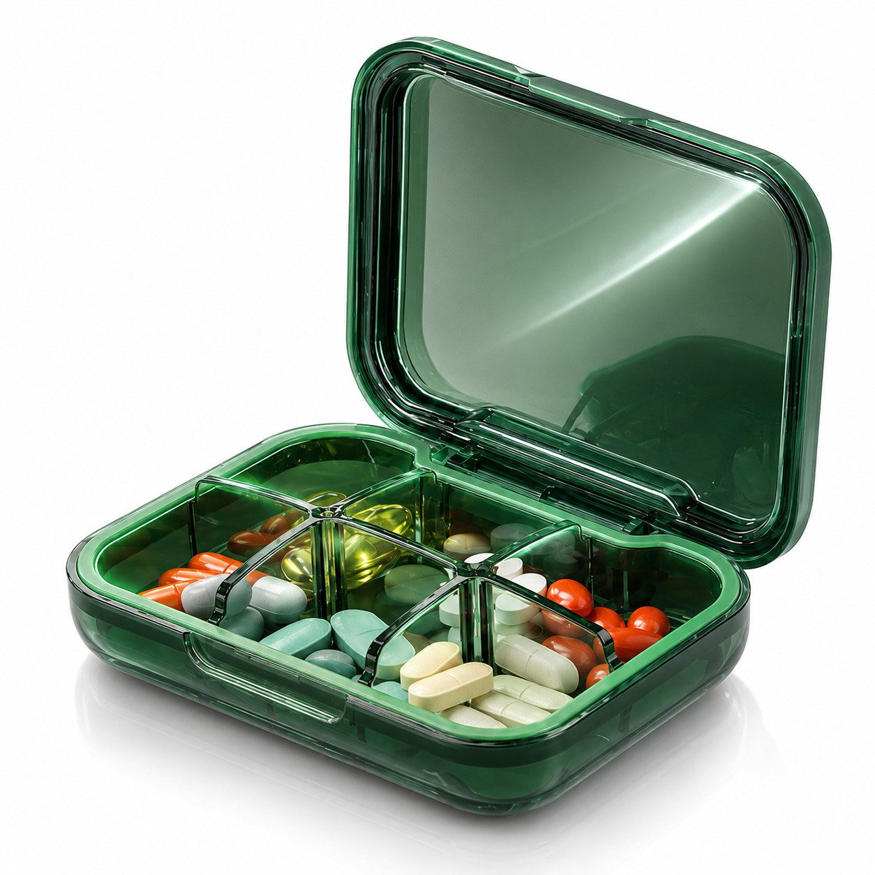 Luckice Pillendose Tragbare Pillenbox 6 Fächer BPA‑frei luftdicht Tablettenbox für Reisen (Set, Luftdicht, feuchtigkeitsbeständig, platzsparend), 6 Fächer mit herausnehmbarem Trenneinsatz