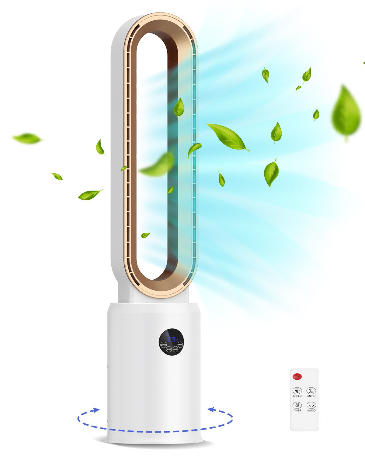 Rebonique Turmventilator Rotorlos Ventilator mit Luftreiniger sehr Leise 24 Stufen 12H Timer, Oszillierend LED-Anzeige Tower-Ventilator mit Fernbedienung