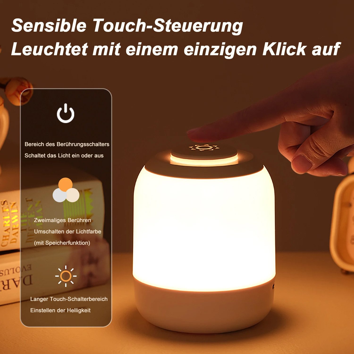 OYLCDI Nachttischlampe LED Nachttischlampe LED Nachtlicht, Dimmbar Atmosphäre Tischlampe, LED fest integriert, Weißes Licht, warmes Licht, neutrales Licht, mit Batterie, USB-Aufladung, mit Touch-Sensor,Tragbare Nachtlicht für Kinder/Erwachsene