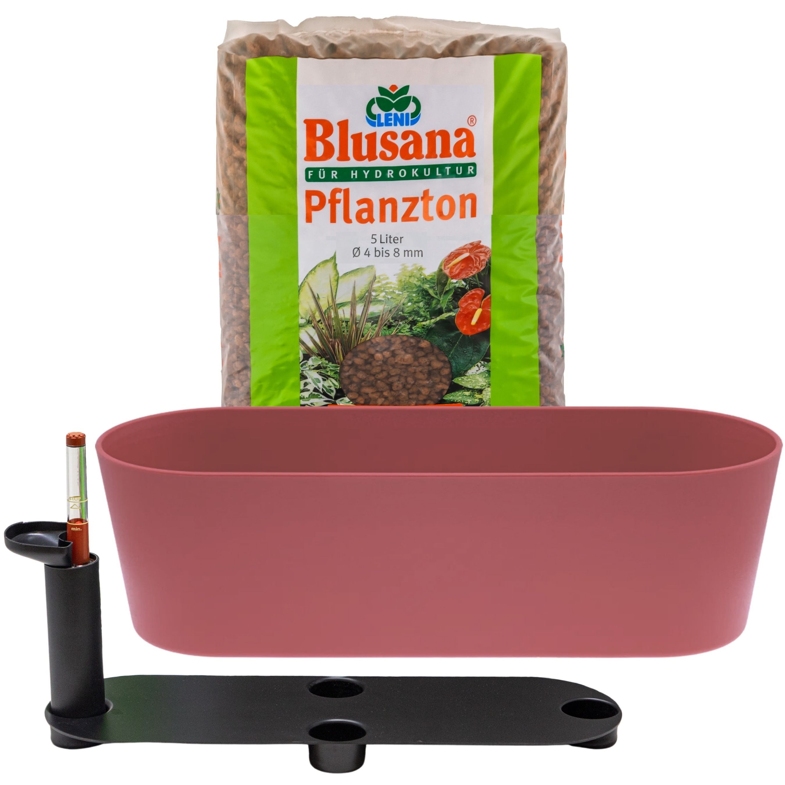 LENI Jardiniere Blumentopf länglich Pflanzkasten 36 cm lang Kräuter & Zimmerpflanzen (Komplettes Starter Set Selbstbewässerungsboden, mit 1 x Einlegeboden, 1 x Wasserstandsanzeiger, 5l Pflanzton), Übertopf ohne Loch für Hydrokultur & Erde, perfekt als Kräuter-Topf