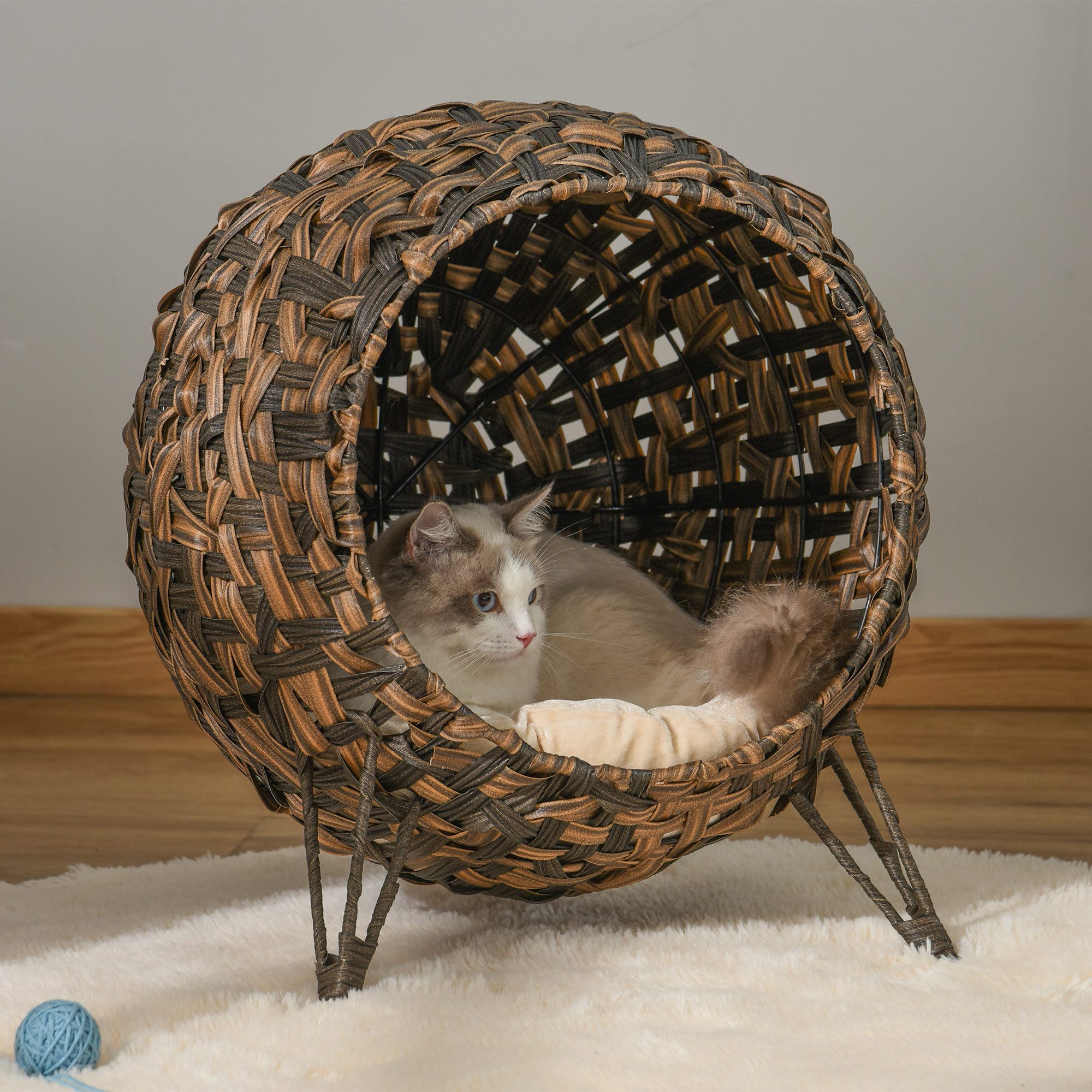 furnicato Katzenliege Ø52 x 58 cm Braun PE-Rattan Katzenhöhle mit Kissen, Rattan, Weiches Kissen und Stativfuß für Katzenbett mit Luftzirkulation
