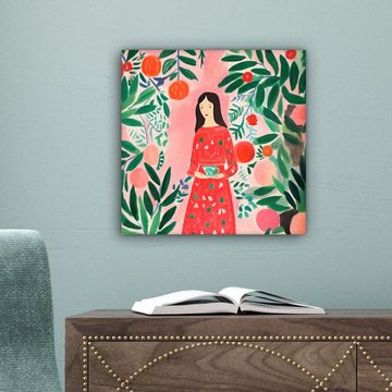 OneMillionCanvasses® Leinwandbild Weihnachten - Frau - Pflanzen - Grün - Rot, (1 St), Leinwand Bilder für Wohnzimmer Schlafzimmer, 20x20 cm