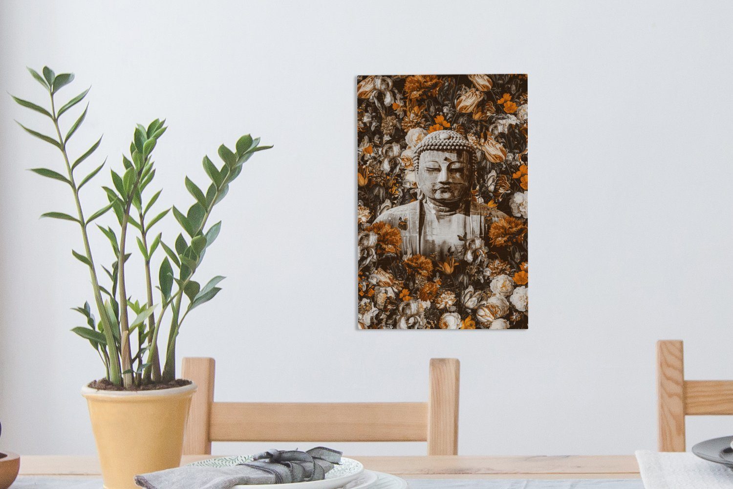 OneMillionCanvasses® Leinwandbild Buddha - Gesicht cm Blumen, (1 fertig Zackenaufhänger, bespannt inkl. Leinwandbild - 20x30 Gemälde, St)
