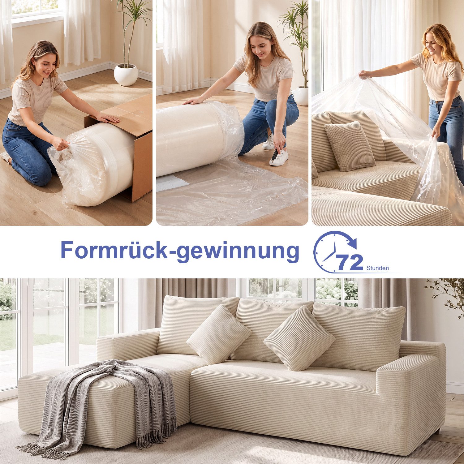 oyajia Ecksofa modulares Sofa 240cm mit großer Chaiselongue, breit vakuumverpackt, Schlafsofa, keine Montage erforderlich, mit großer Chaiselongue – Bild 4 von 5