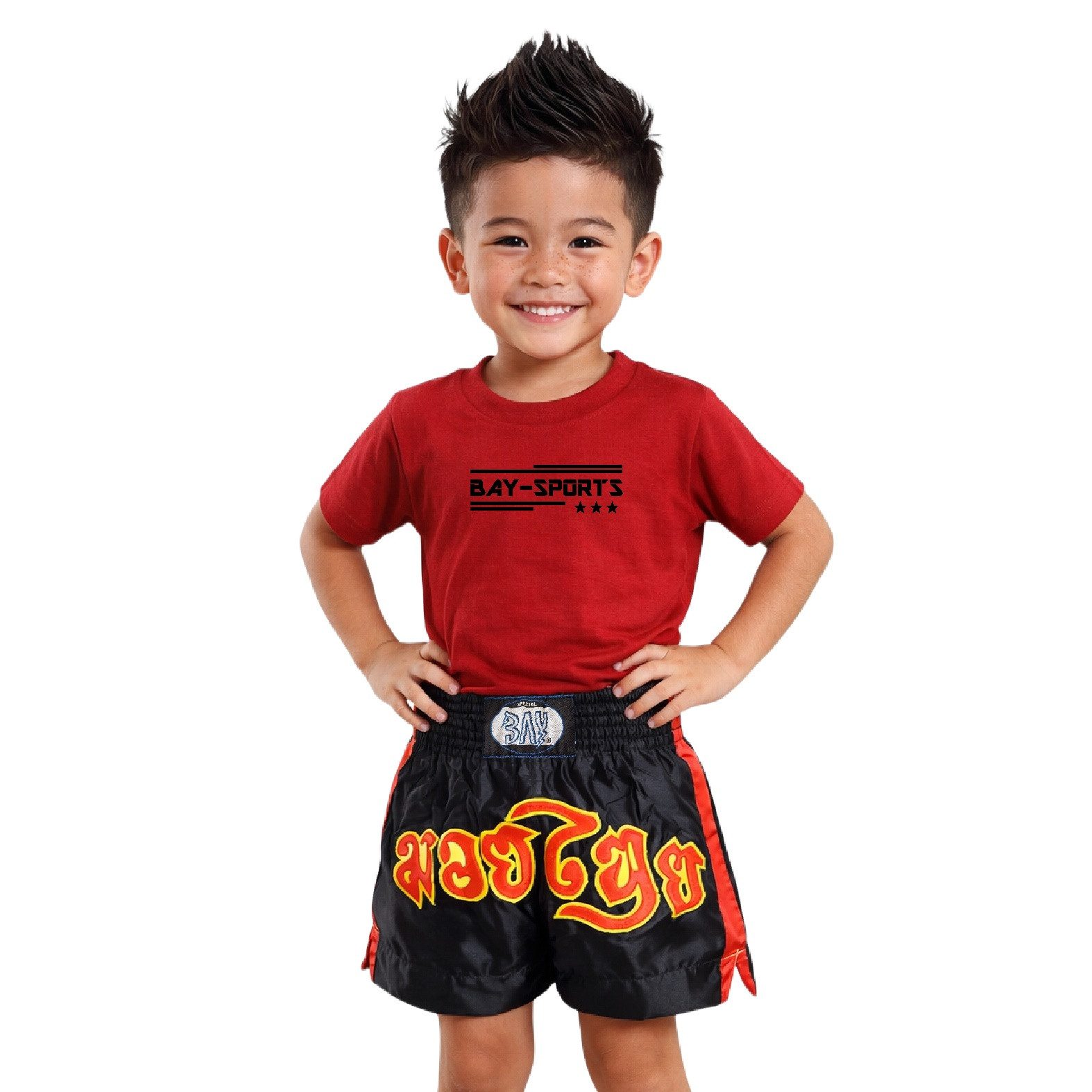 BAY-Sports Sporthose Thaiboxhose REMY Muay Thai Hose Shorts Thaiboxen MMA kurz Kickboxen kurze, leichte, locker sitzende Trainingshose, Schwarz/Rot/Gelb