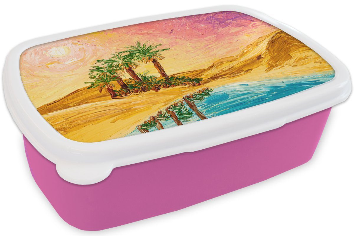 - - - Brotdose Gemälde für Öl Erwachsene, Mädchen, Kinder, Kunststoff, rosa Lunchbox Kunststoff Natur Snackbox, - Palme Brotbox Wasser, (2-tlg), MuchoWow