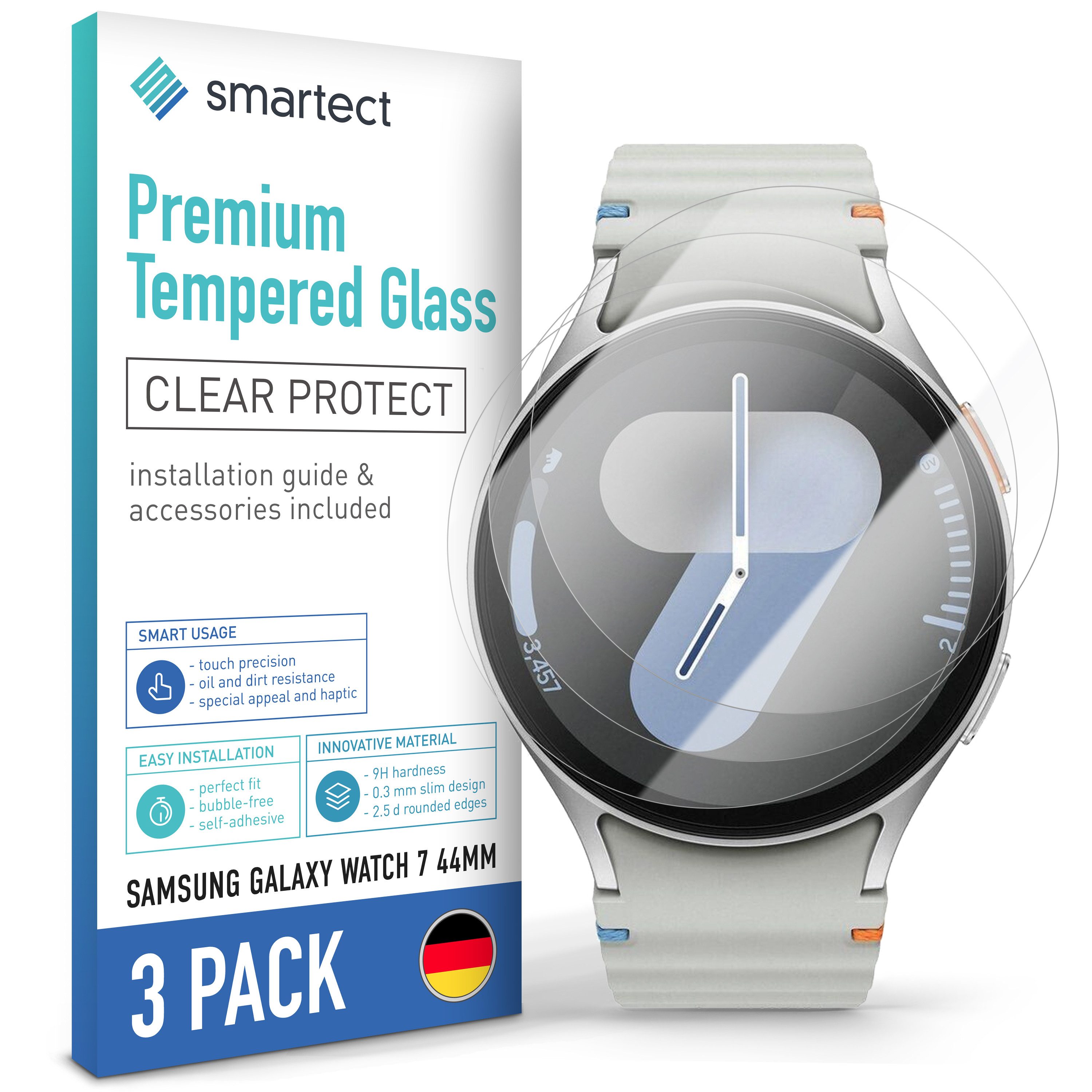smartect Displayschutzglas Schutzglas Panzerfolie Klar für Galaxy Watch 7 44mm, Set, 3 Stück, Schutzfolie Glasschutz Bildschirm