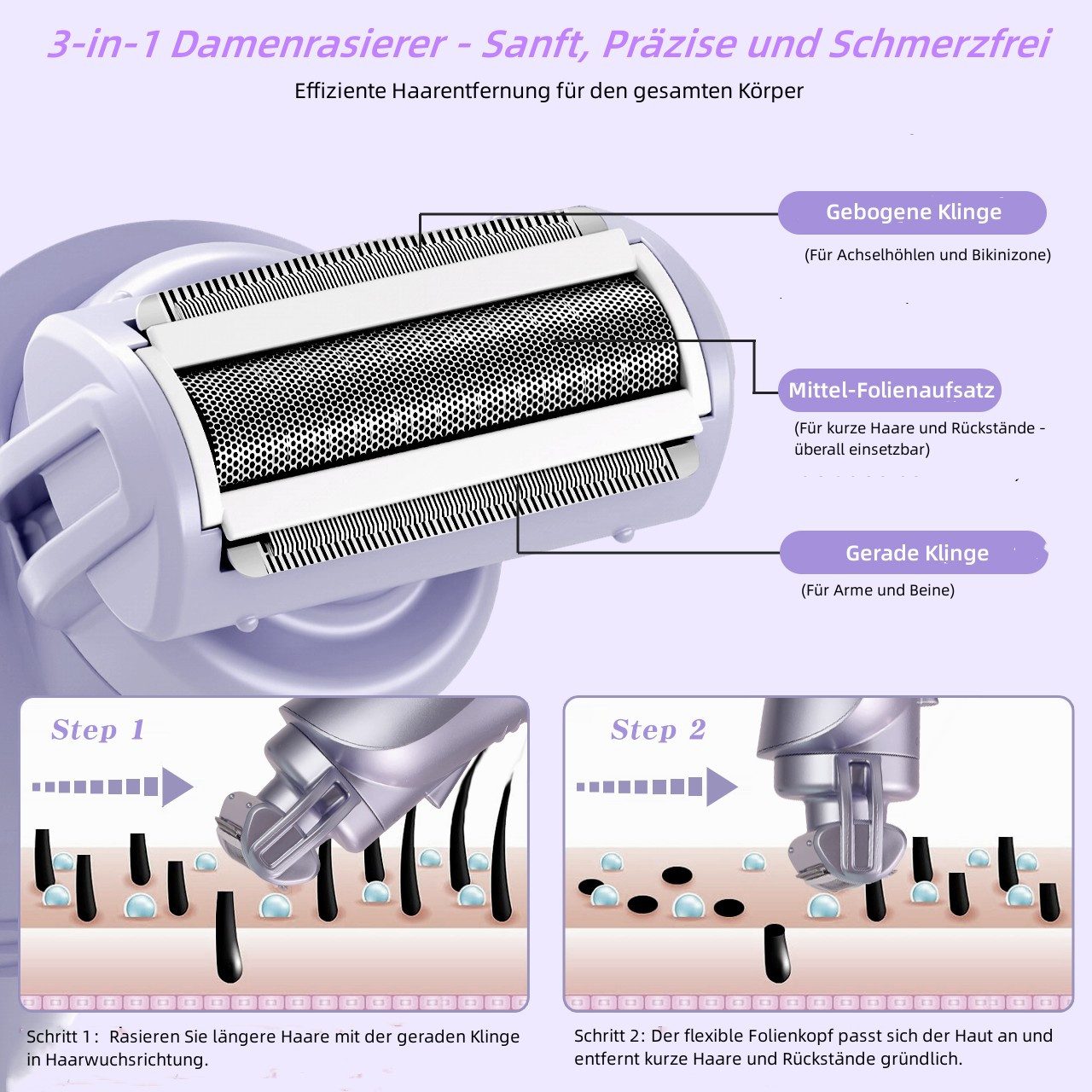 HATTEKER Epilierer RFC-578, Aufsätze: 1 St., Elektrorasierer für Damen, 3-in-1, Wet&Dry