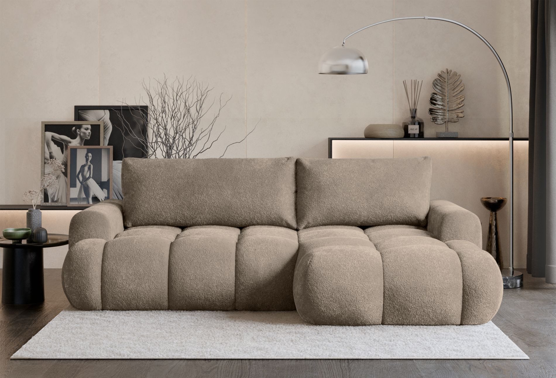 Selsey Ecksofa OMBO MINI, Ecksofa mit Schlaffunktion & Bettkasten, Bouclé, 246 cm