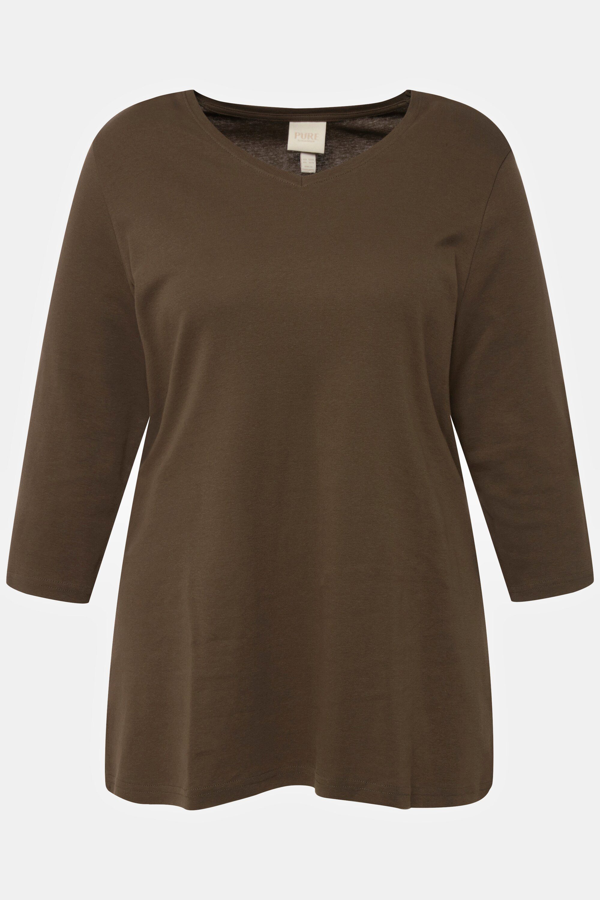 Ulla Popken Rundhalsshirt Shirt 3/4-Arm Rippjersey Biobaumwolle moosgrün V-Ausschnitt