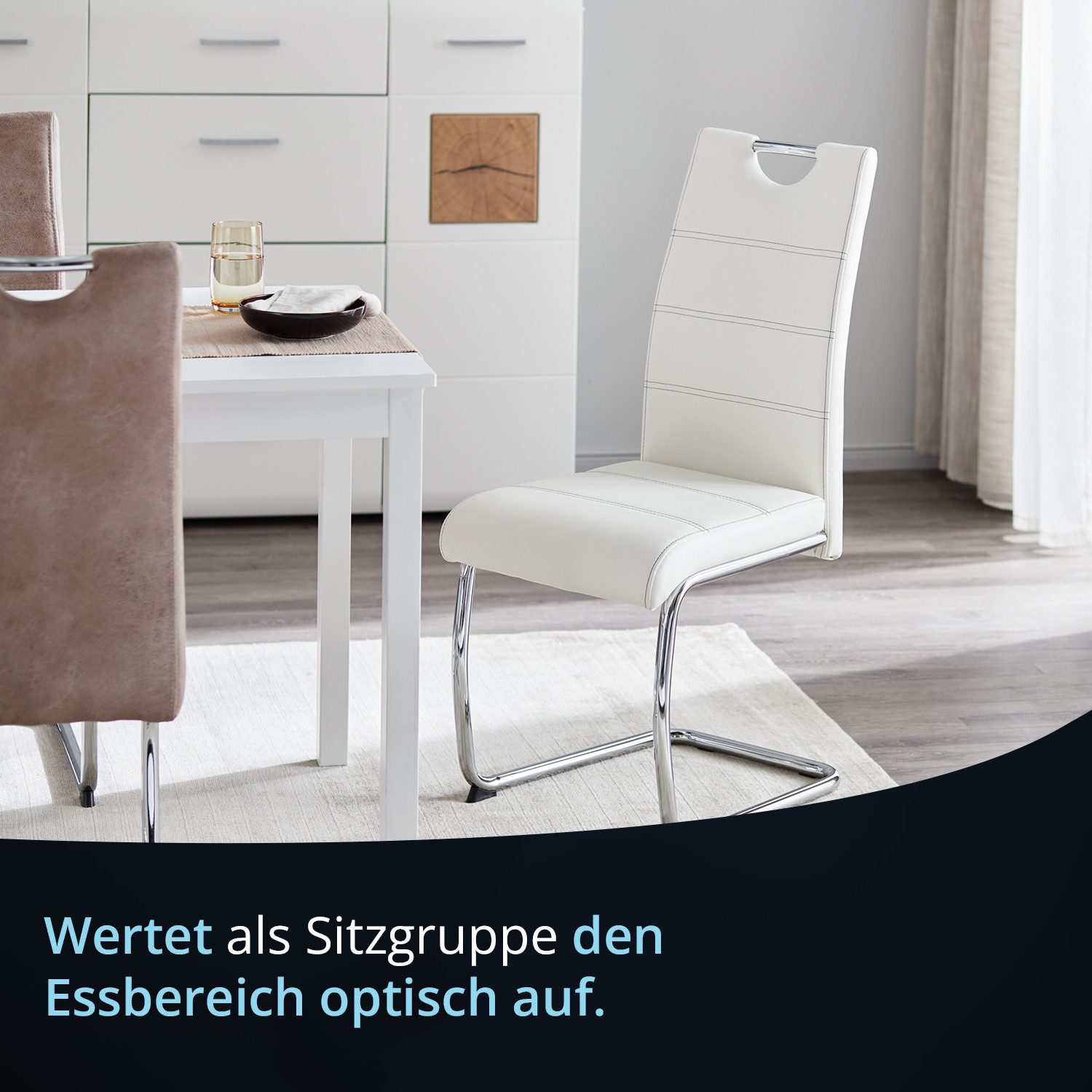 KHG Freischwinger Esszimmerstuhl Kunstleder Weiß, bis 120 kg belastbar, Modern, gepolstert, eleganter Look, Metallgestell verchromt mit Griff