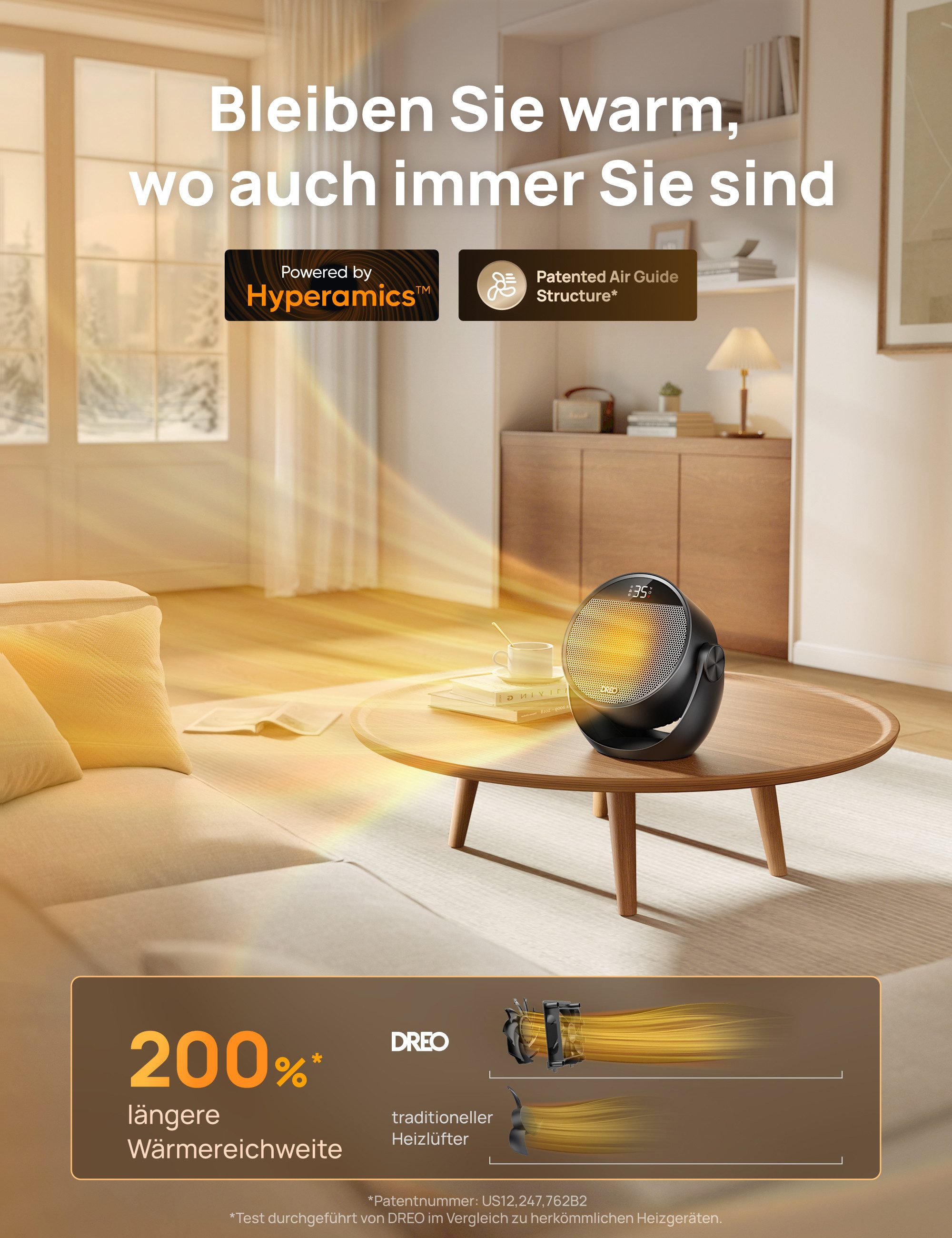 Dreo Heizlüfter Energiesparend, 1500W PTC-Keramik, Fernbedienung, Klein,12-Std-Timer, Leise, Thermostat, 60° neigbar, 8 Sicherheitsfunktionen, 3 Modi – Bild 3 von 5