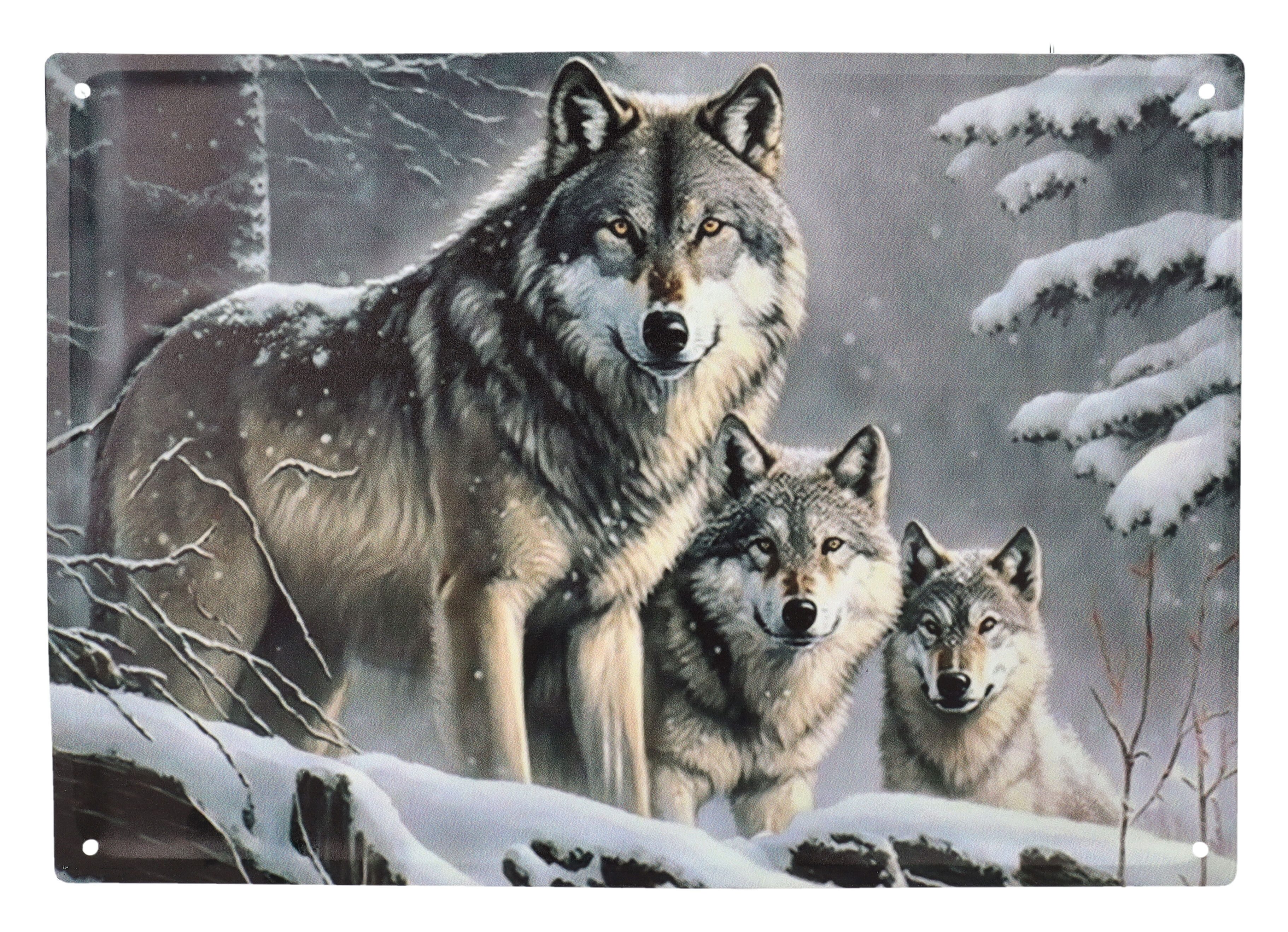 Figuren Shop GmbH Metallschild Blechschild - Wolfsrudel im Winterwald - Wandschild Wolf Fantasy