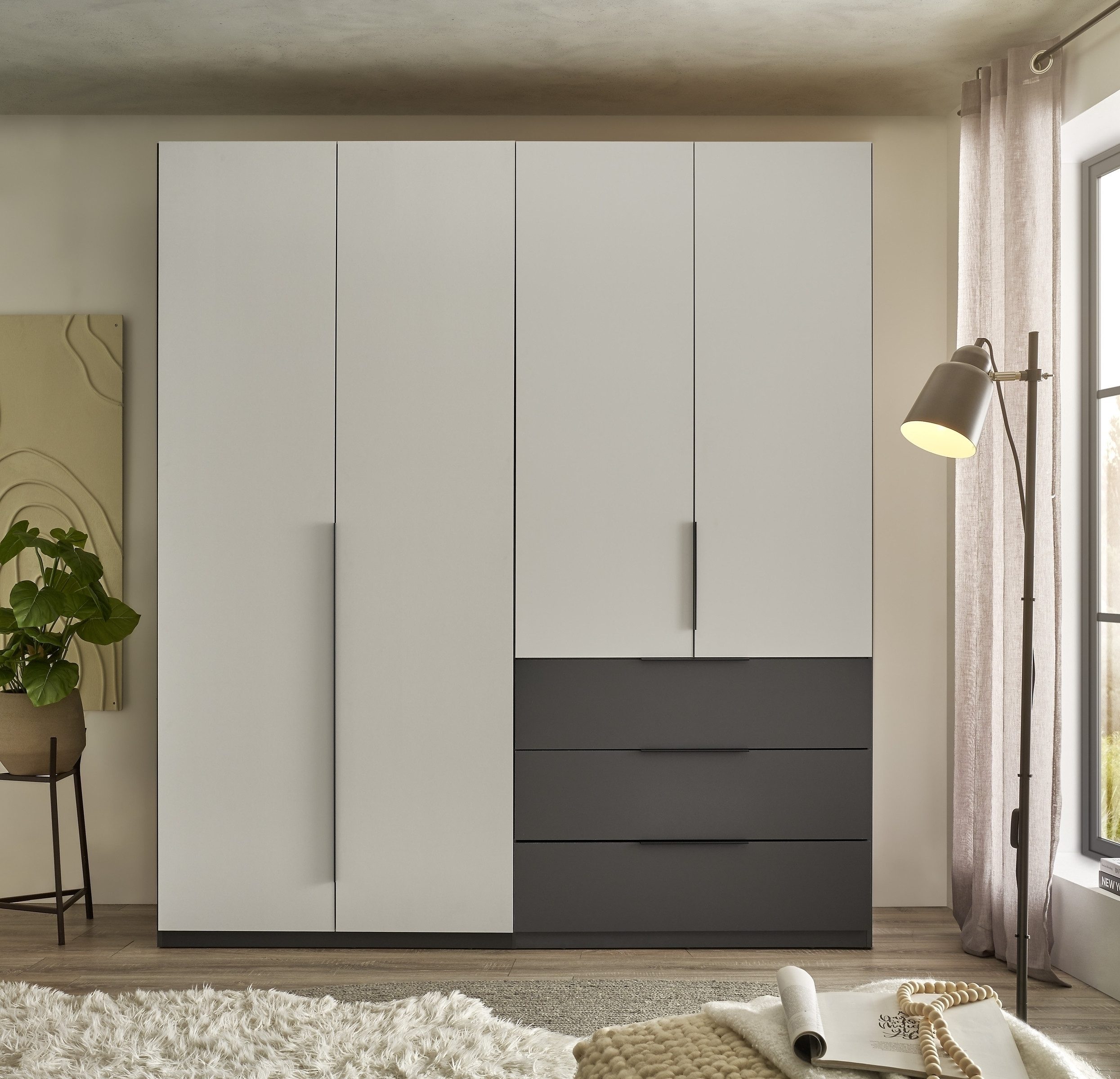 Schlafkontor Drehtürenschrank 4 Böden, 1 Stange, 3 Schübe, Graphit/Hellgrau - 200,5x225,5x60 (BxHxT)