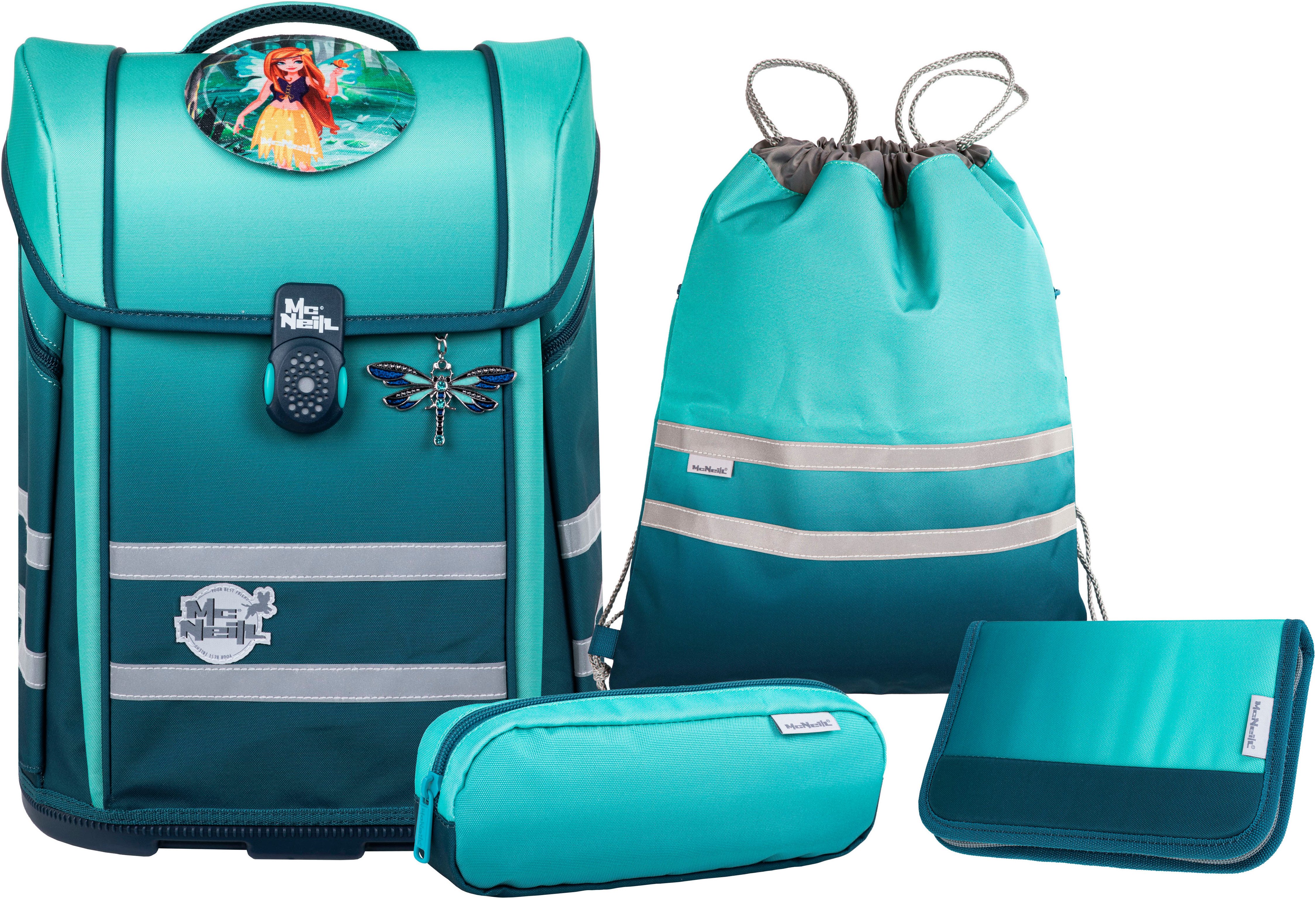 McNeill Schulranzen Perfecto, Gradient Blue Lagoon (Set, 5-tlg), inkl. Federmäppchen, Turnbeutel, Schlamperrolle & Motivmagnet