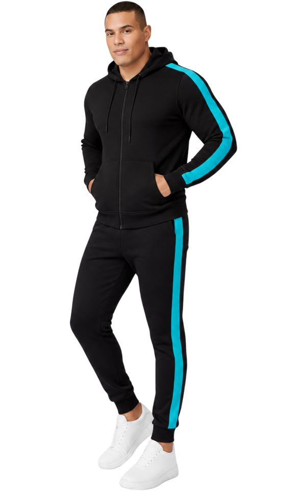 L.gonline Freizeitanzug Herren Jogginganzug zweifarbig sportlich mit Streifen, 526 (Kapuzenjacke mit Reißverschluss, Hose, 2-tlg), Fitness Freizeit Casual