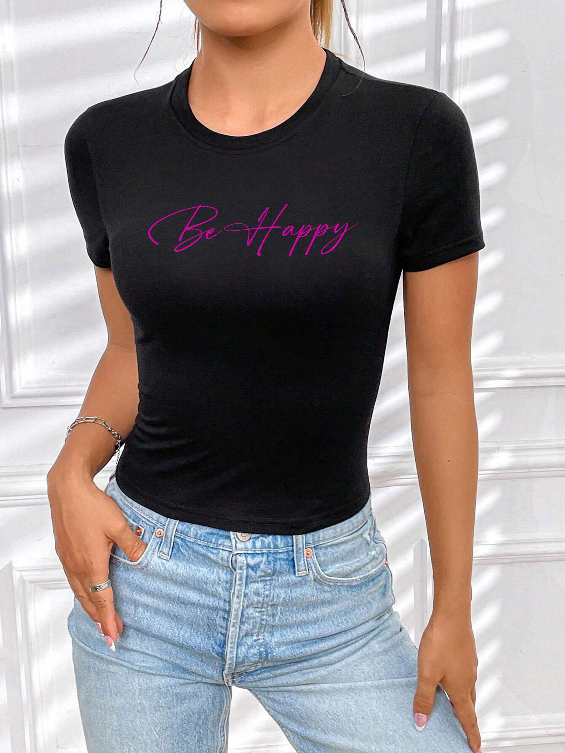 RMK T-Shirt Damen Shirt Top Sommer Basic Be Happy Glücklich aus Baumwolle