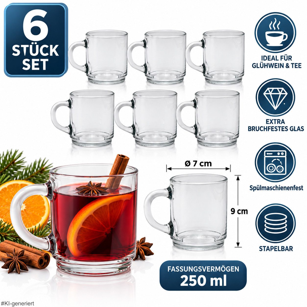 steinwohn Teeglas Glühwein- & Teegläser 250 ml, 6er Set, spülmaschinenfest, 9 cm hoch, Ø 7 cm