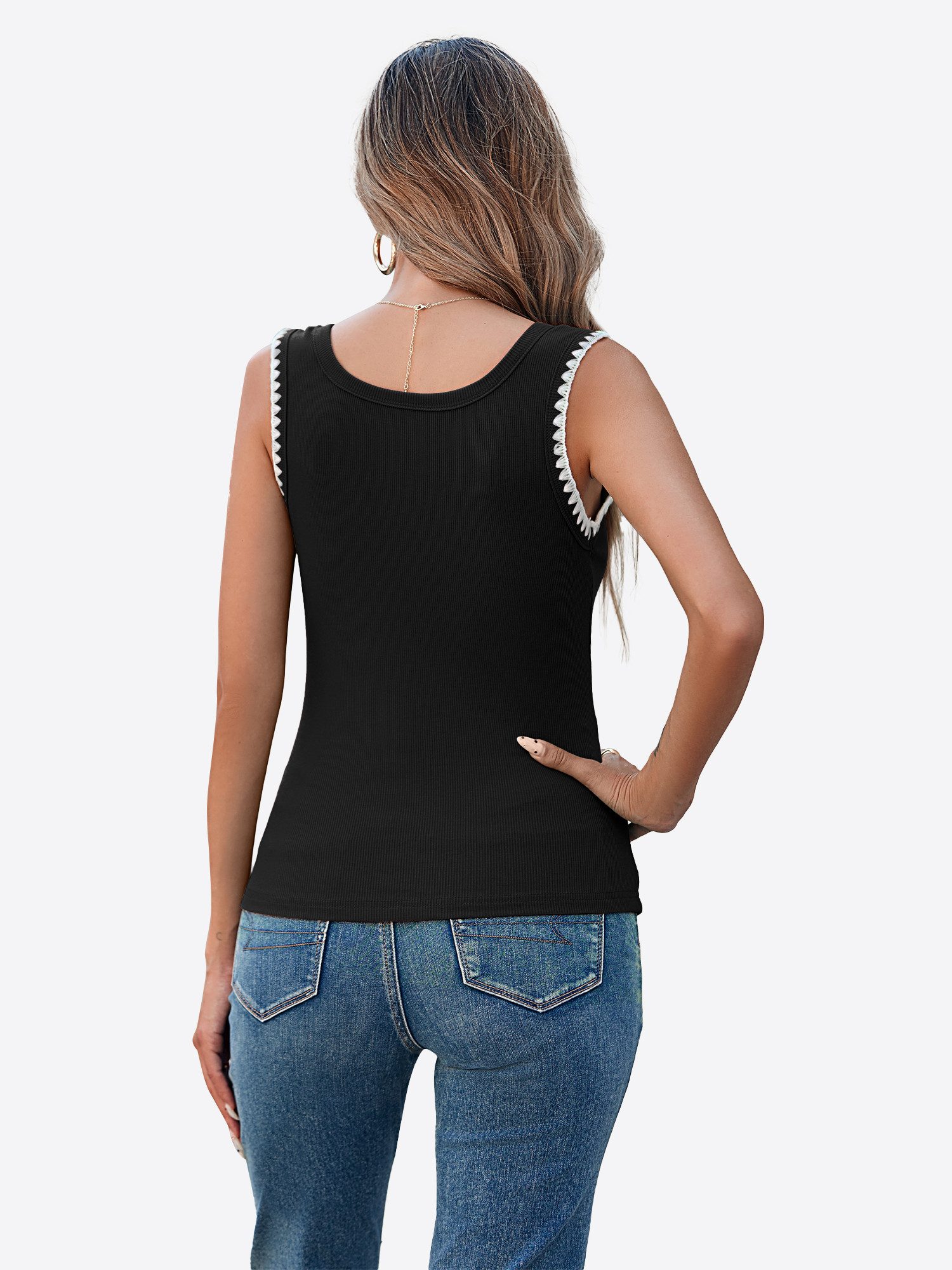 Imily Bela Tanktop Damen Gerippt kontrastierender Zickzack-Kante Quadratischer Kragen (Packung, 1-tlg., 1per-Pack) gehäkelt