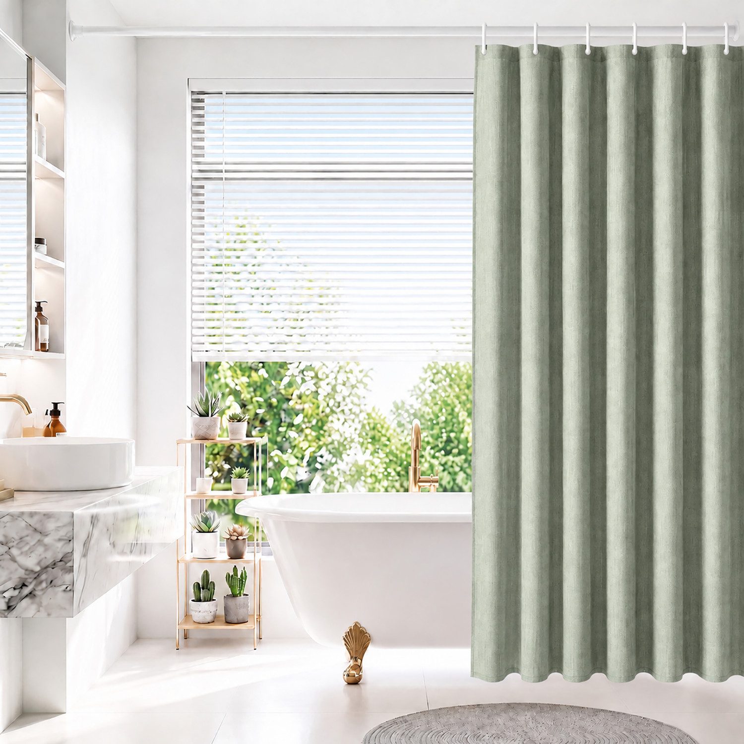 Sekey Duschvorhang Textil Duschvorhang Wannenvorhang Waschbar wasserabweisend mit Ringe Breite 90 cm (Packung, inkl. 8 Ringe), Badewannenvorh, 100% Polyester, Leinenoptik 90x180cm Grün
